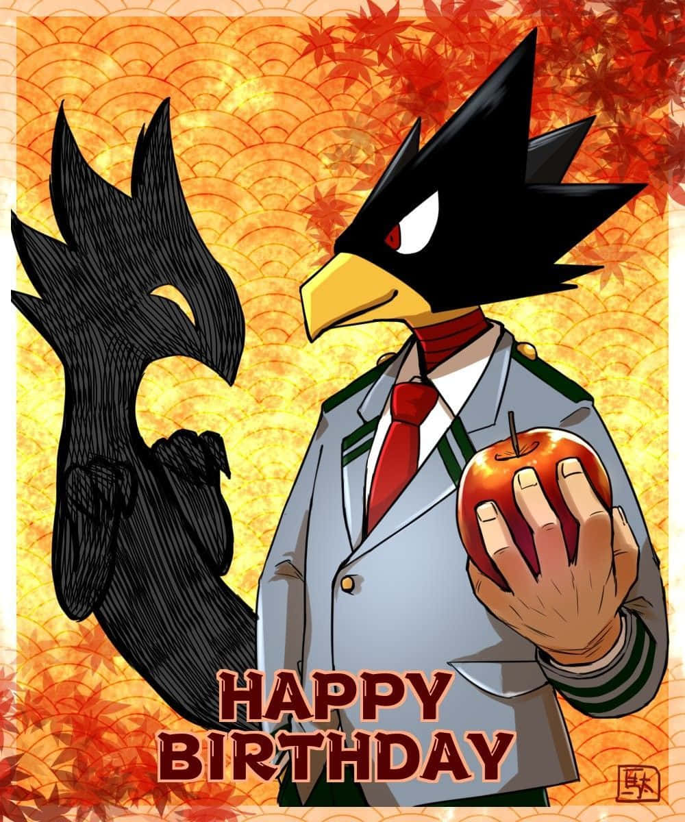 Fumikage Tokoyami 桌布 壁紙 — 一隻黑色羽毛的動漫鳥穿著校服，在火紅的秋葉背景下拿著一個蘋果，並帶有「HAPPY BIRTHDAY」文字。