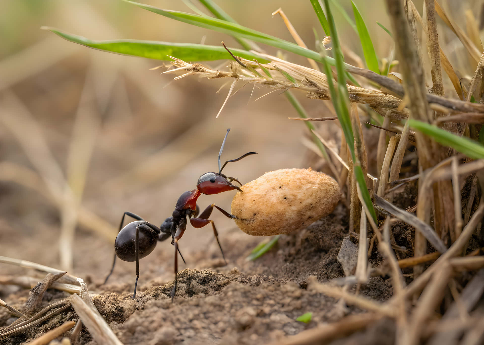 A little ant find his food 壁紙 — 一隻黑色螞蟻，紅色胸部，在乾燥的泥土上，在綠色和棕色的草葉之間，推著一顆淺棕色種子的特寫。