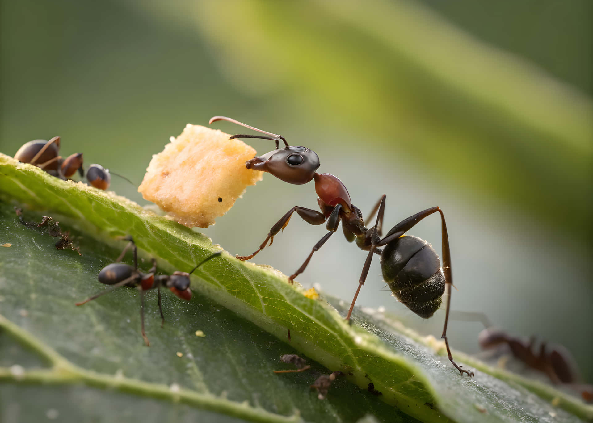 An ant and leaf 壁紙 — 一隻黑色螞蟻在鮮綠色樹葉上搬運麵包屑的特寫，附近有其他螞蟻。