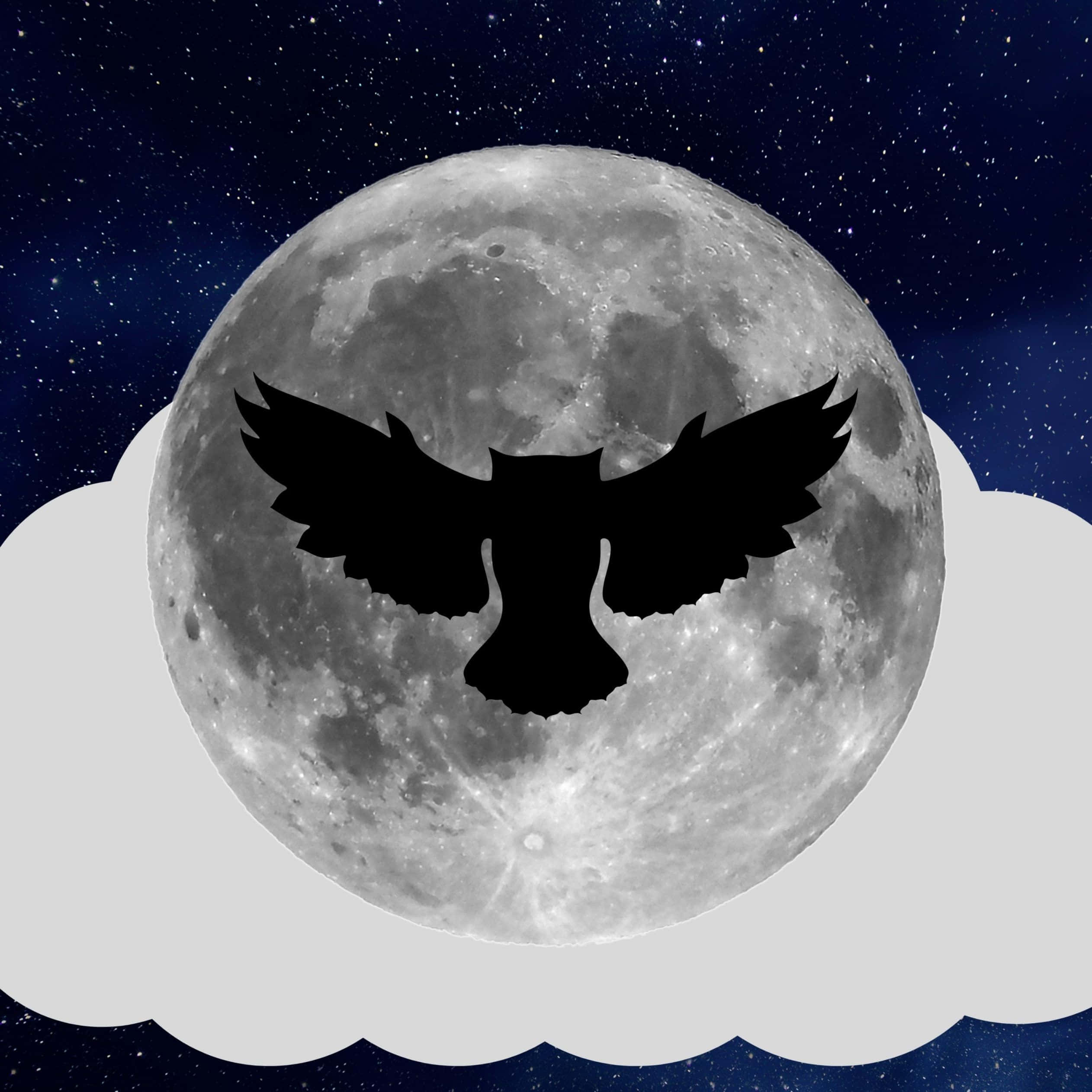 月光 桌布 壁紙 — 一隻黑色貓頭鷹剪影在繁星點點的夜空下，對著細節豐富的滿月翱翔，滿月被柔軟的雲朵環繞。