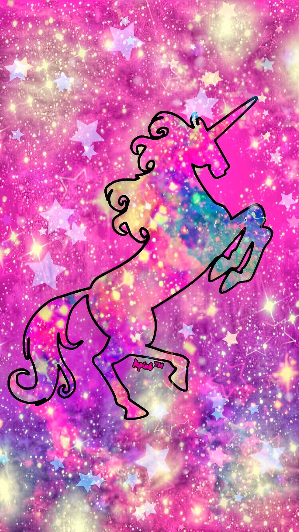 獨角獸 桌布 壁紙 — 一隻黑色輪廓的獨角獸奔馳過一個充滿閃爍星星的閃亮粉紫色星系。