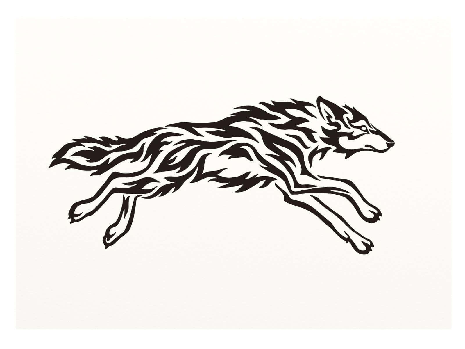 Tribal Wolf 桌布 壁紙 — 一隻黑色部落風格的狼在純米白色背景上動態跳躍。