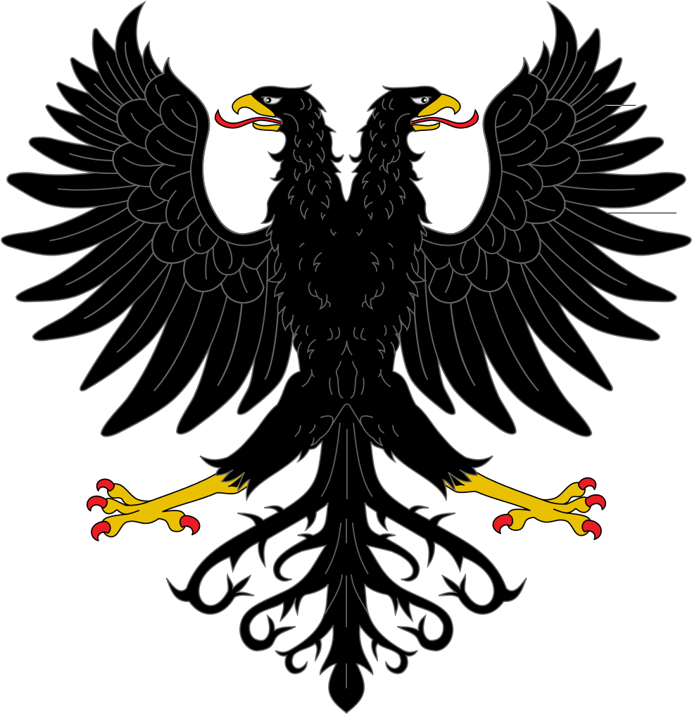 Albania 桌布 壁紙 — 一隻黑色雙頭鷹，黃色喙爪，紅色點綴，白色輪廓，襯以純黑色背景。