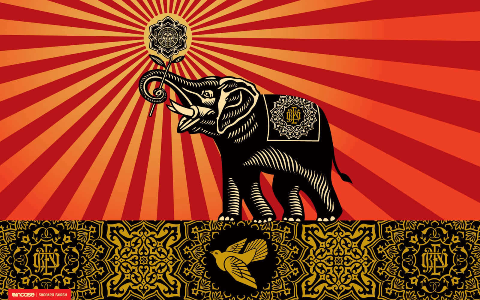 Elephant Laptop 桌布 壁紙 — 一隻黑色風格化的大象帶有華麗的金色圖案，在耀眼的紅橙色太陽光背景下手持蓮花。
