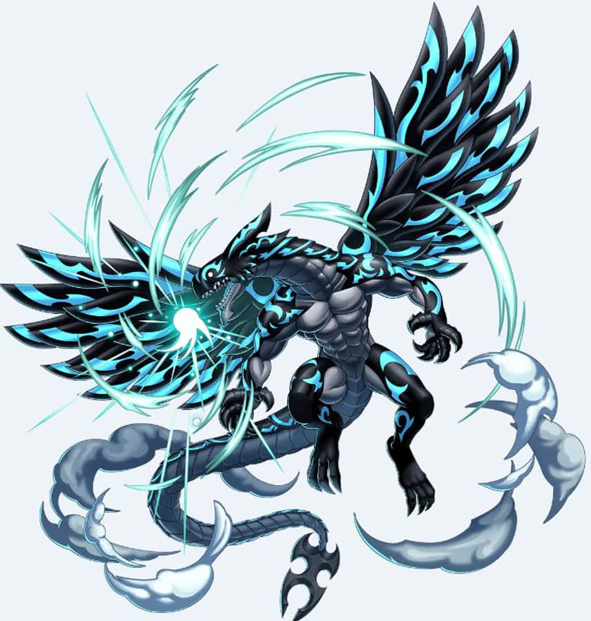 Acnologia 桌布 壁紙 — 一隻黑藍色的龍，帶有發光的翅膀和爪子，以動態的動漫姿勢釋放電能。