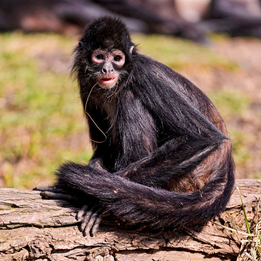 Baby Monkey 桌布 壁紙 — 一隻黑蜘蛛猴嘴裡叼著吸管，平靜地坐在陽光普照的草地上的一根風化木頭上。