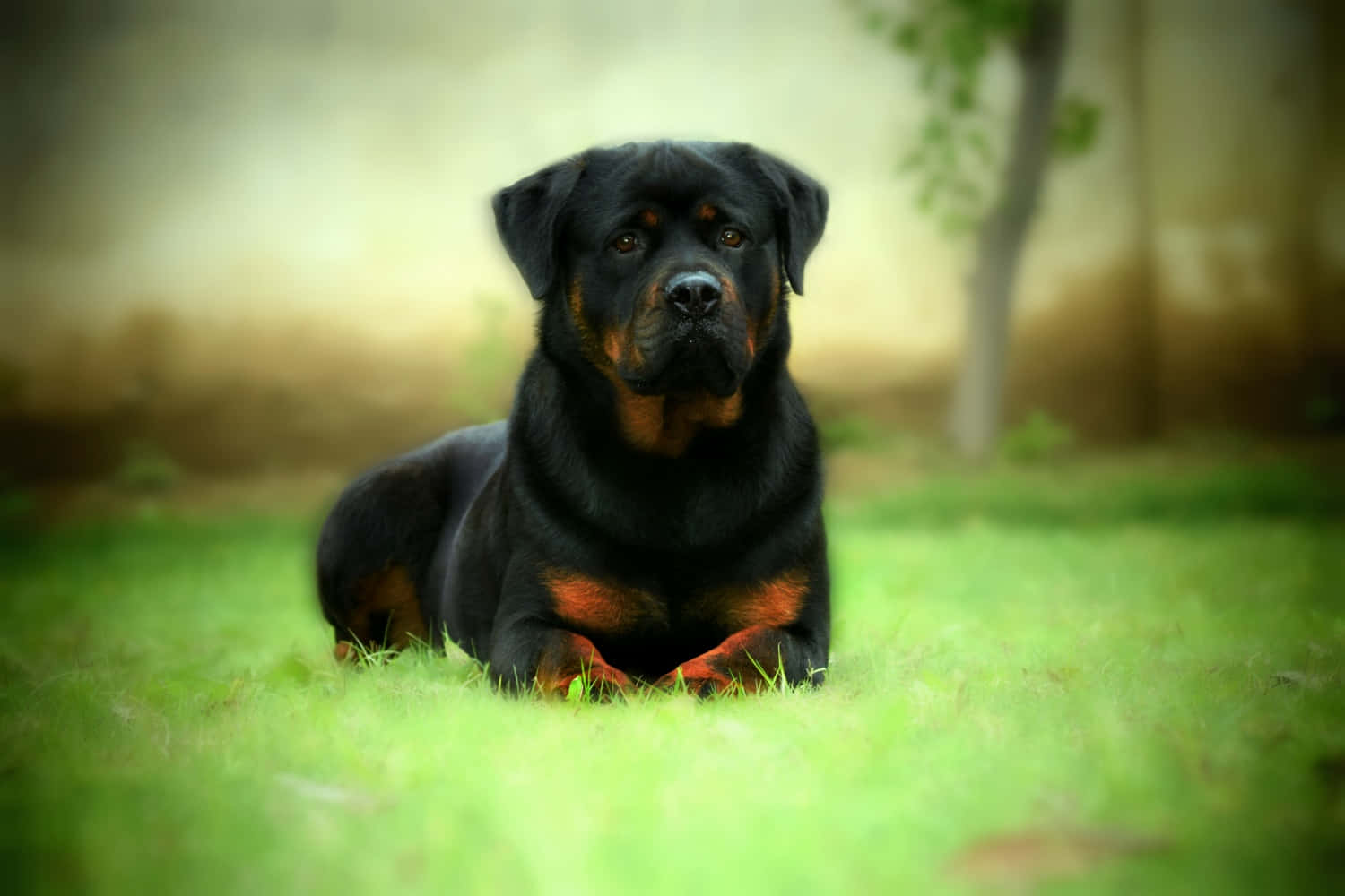 羅威那犬 桌布 壁紙 — 一隻黑褐色洛威拿幼犬平靜地躺在鮮綠色的草地上，背景是柔和模糊的自然景色。