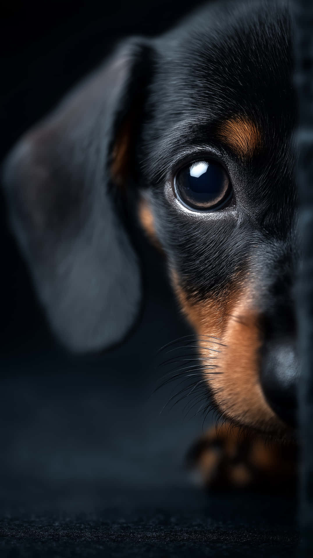 Shy Dachshund Pup 壁紙 — 一隻黑褐色臘腸犬幼犬從深色表面後面好奇地窺視的特寫，其光滑的眼睛反射著光線。