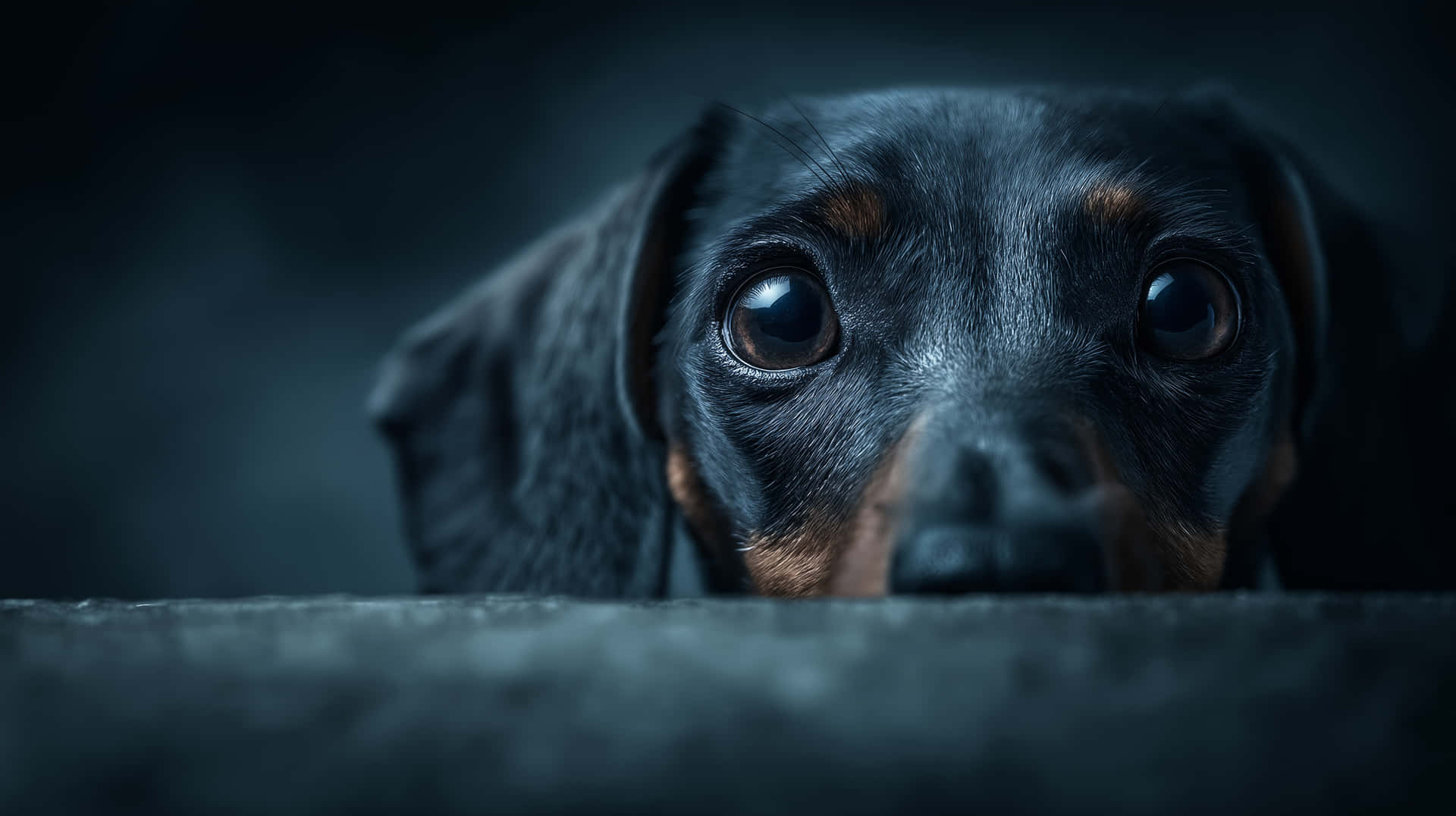 Dachshund Gaze 壁紙 — 一隻黑褐色臘腸狗從深色表面探出頭來，睜著一雙充滿靈魂的大眼睛，營造出憂鬱的特寫鏡頭。