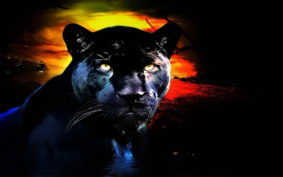 panther 桌布 壁紙 — 一隻黑豹在熾熱的日落天空下，以發光的黃色眼睛和黑色剪影凝視著。