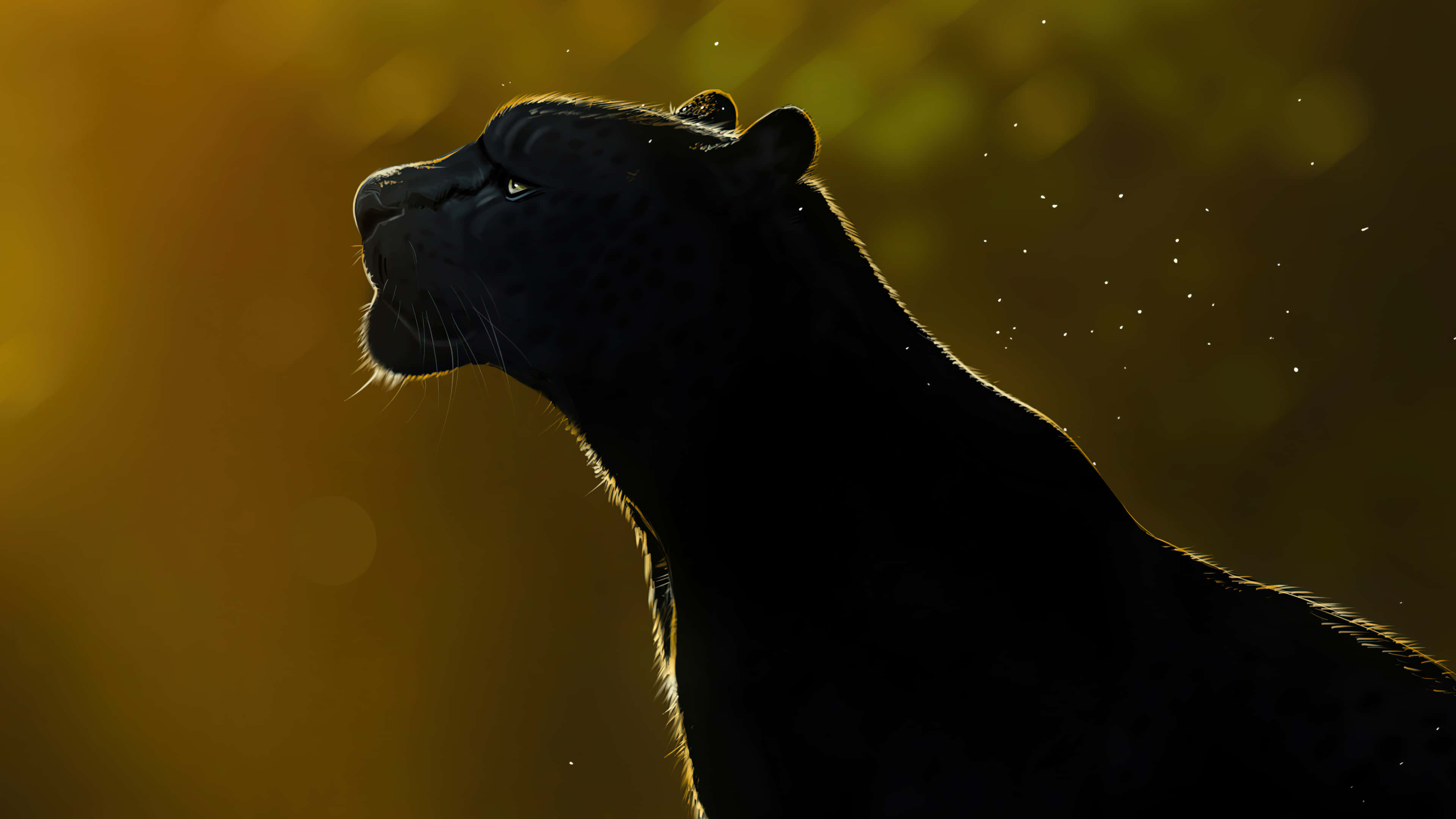 Jaguar 桌布 壁紙 — 一隻黑豹在金色逆光下呈現剪影，帶有散景和漂浮粒子。