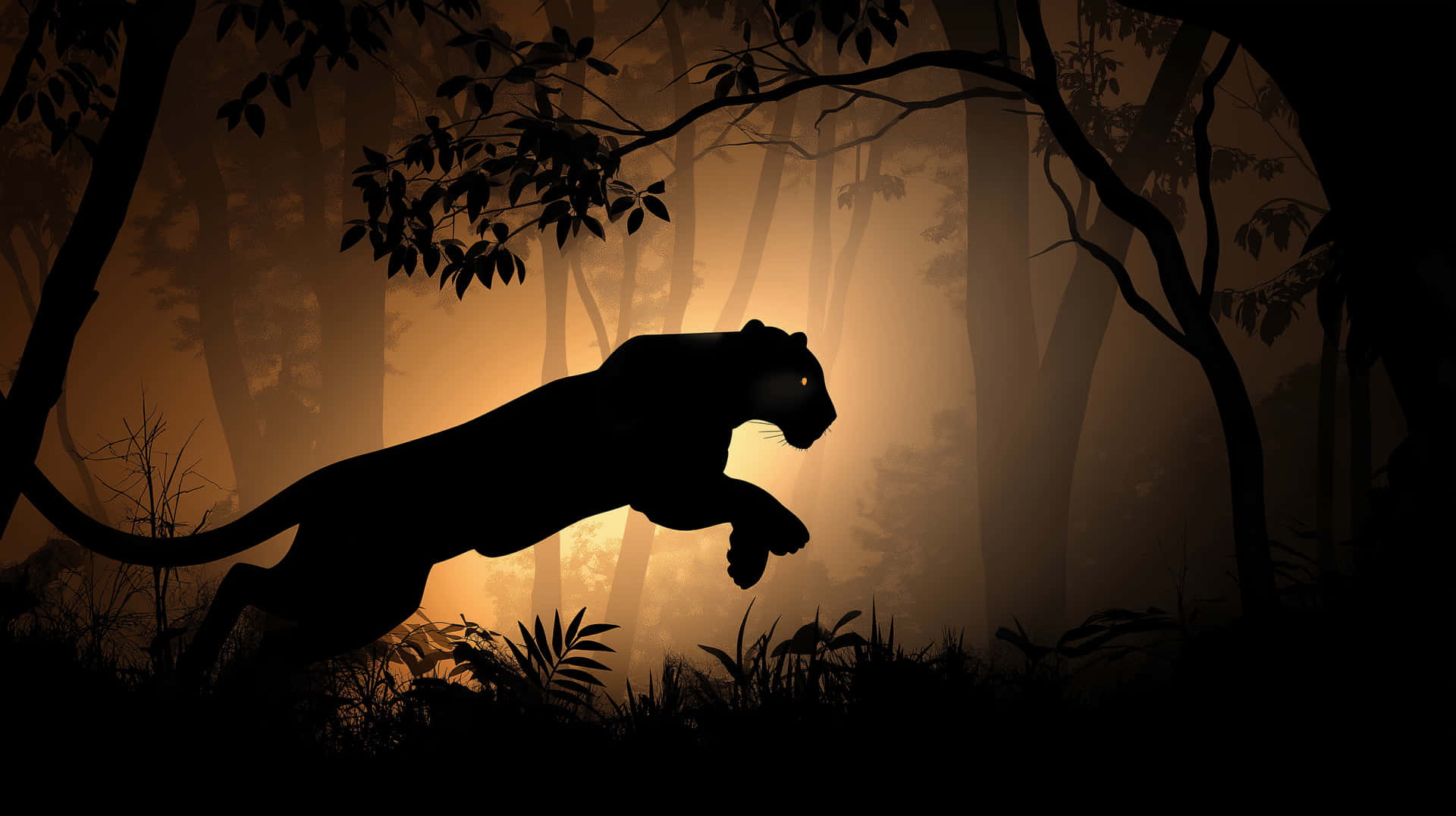 Panther Silhouette Leaping in Golden-Lit Forest 壁紙 — 一隻黑豹在黃金時段跳過迷霧森林，眼睛發光，樹木呈現剪影。