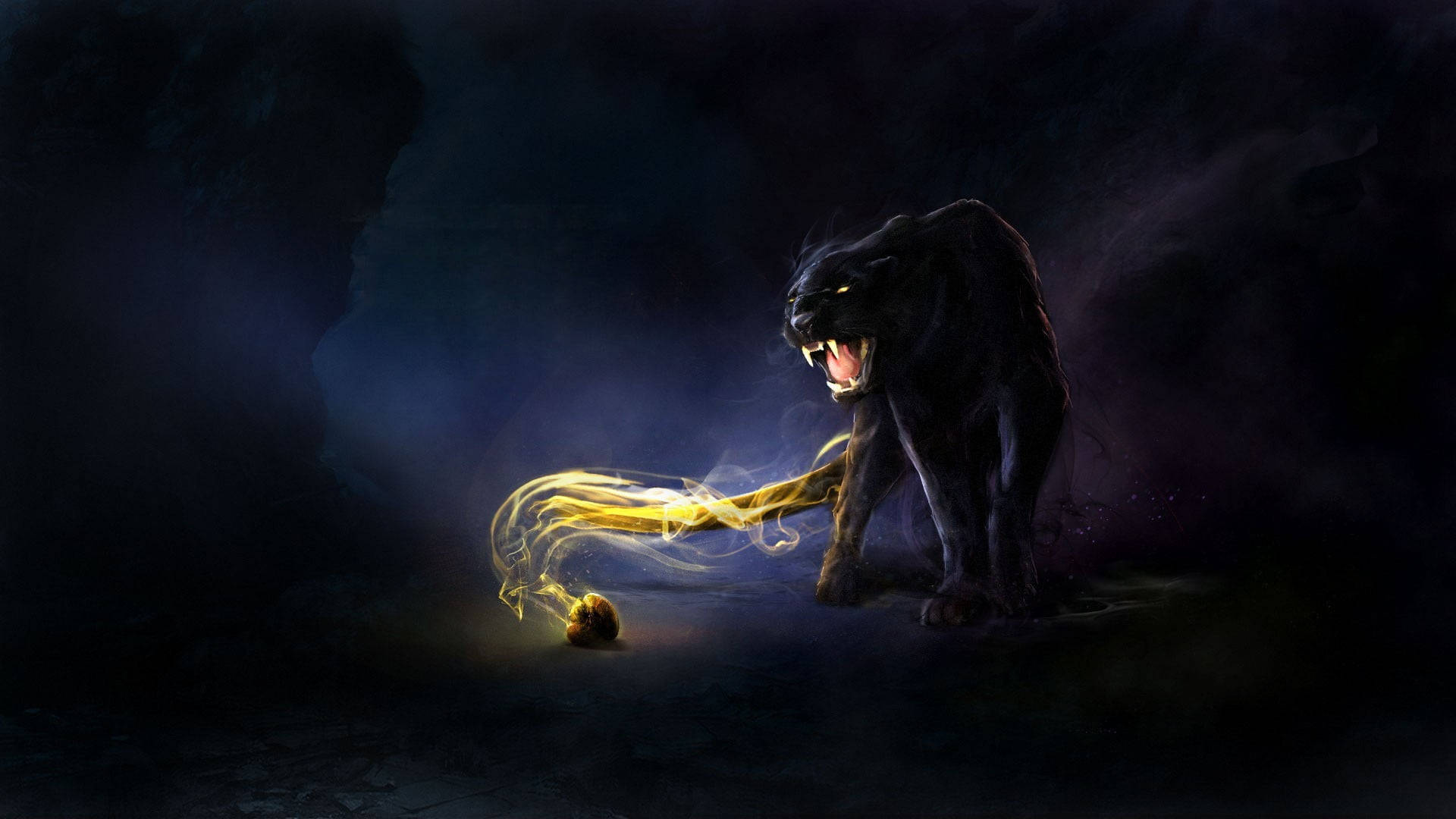 panther 桌布 壁紙 — 一隻黑豹在黑暗洞穴中兇猛咆哮，金色能量從其腳下發光的球體中旋轉而出。