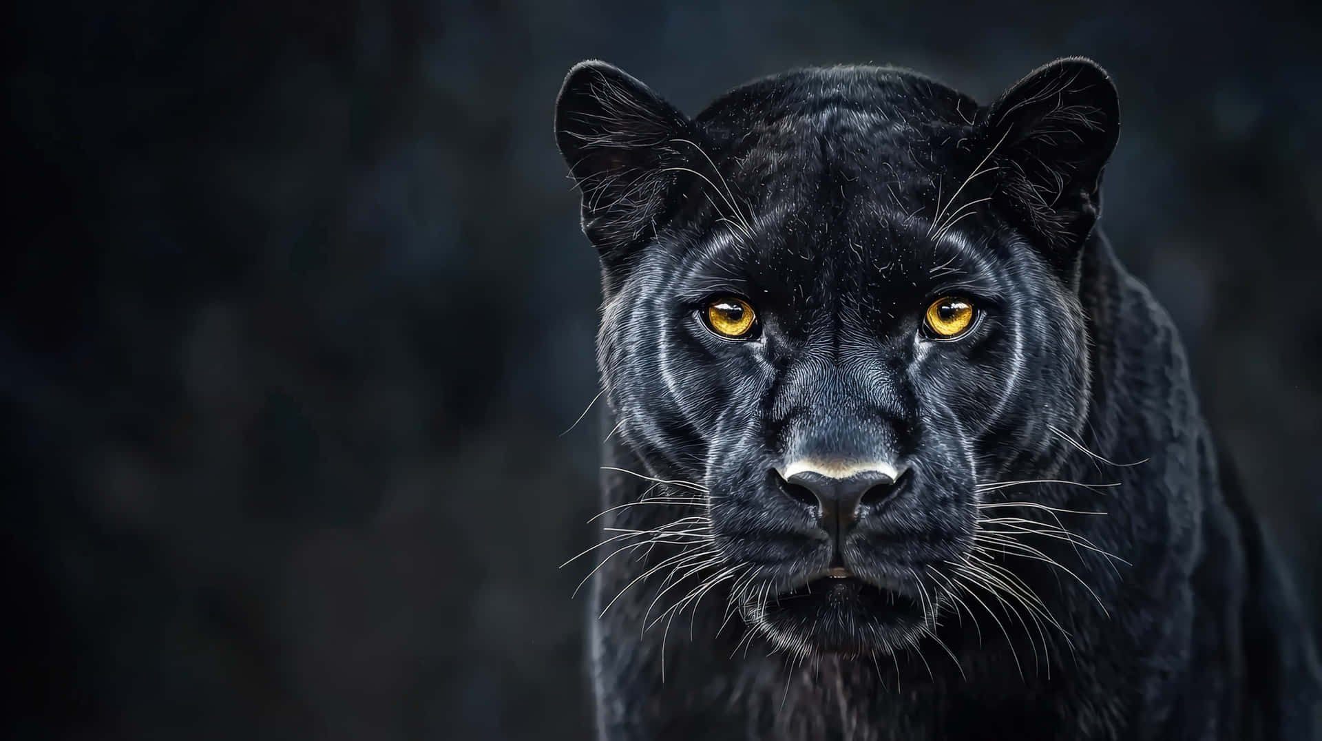 Close-Up of Black Panther with Intense Gaze 壁紙 — 一隻黑豹的特寫，擁有銳利的金色眼睛，在黑暗模糊的背景前強烈凝視。