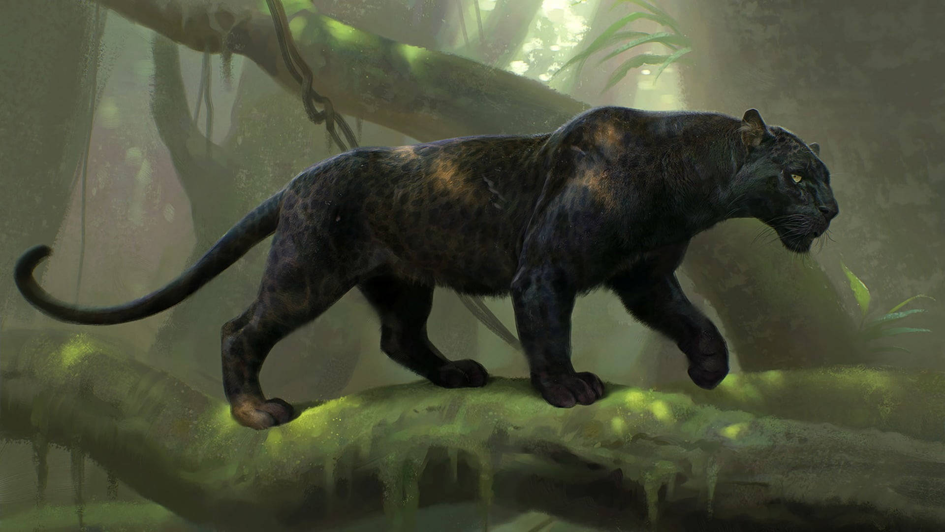 panther 桌布 壁紙 — 一隻黑豹閃爍著發光的眼睛，優雅地漫步在佈滿苔蘚的叢林樹枝上，沐浴在斑駁的陽光中。