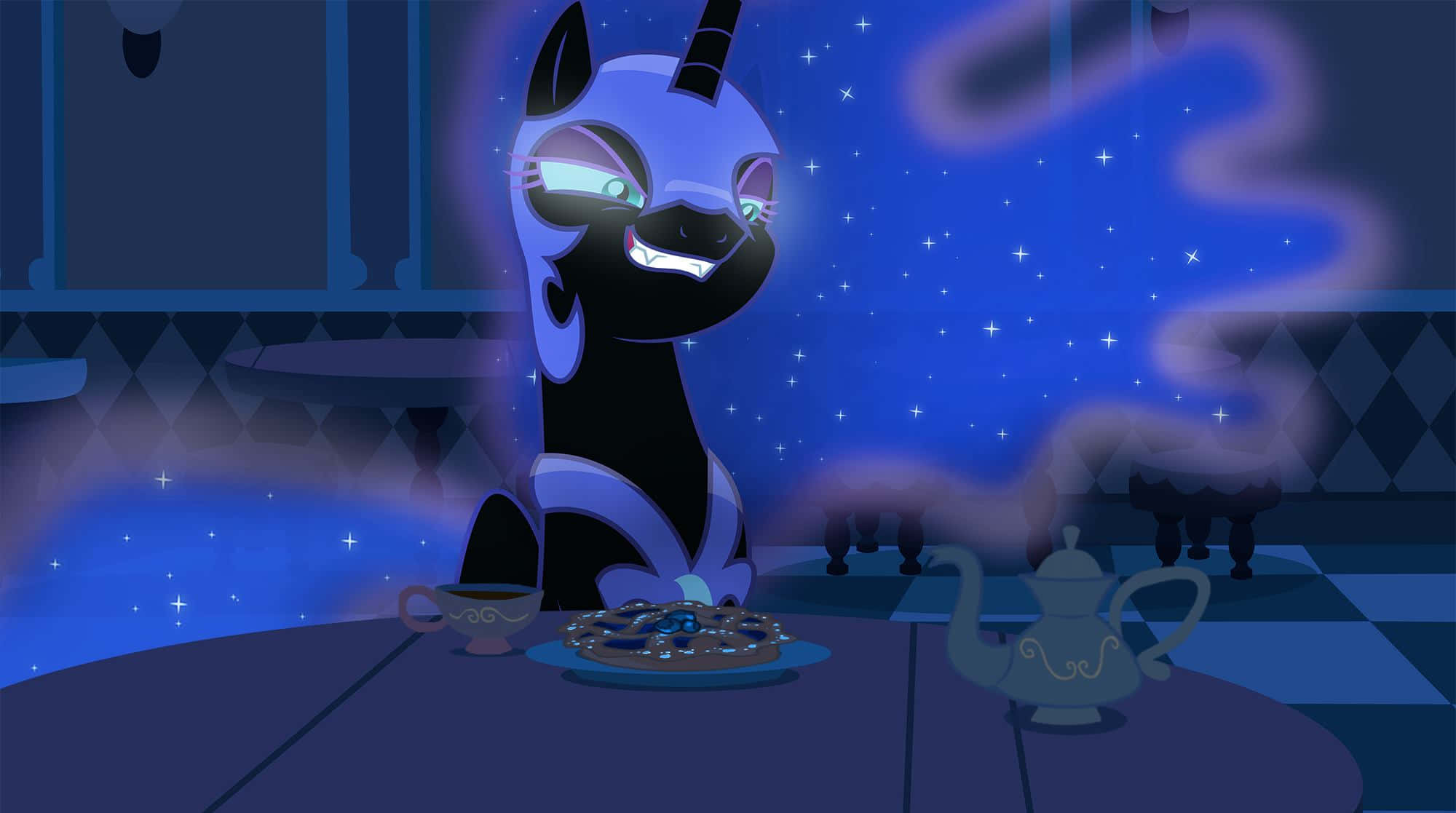 Nightmare Moon 桌布 壁紙 — 一隻黑貓，眼睛發光，頭上有角，在星空的藍天下，在格子房間裡喝茶。
