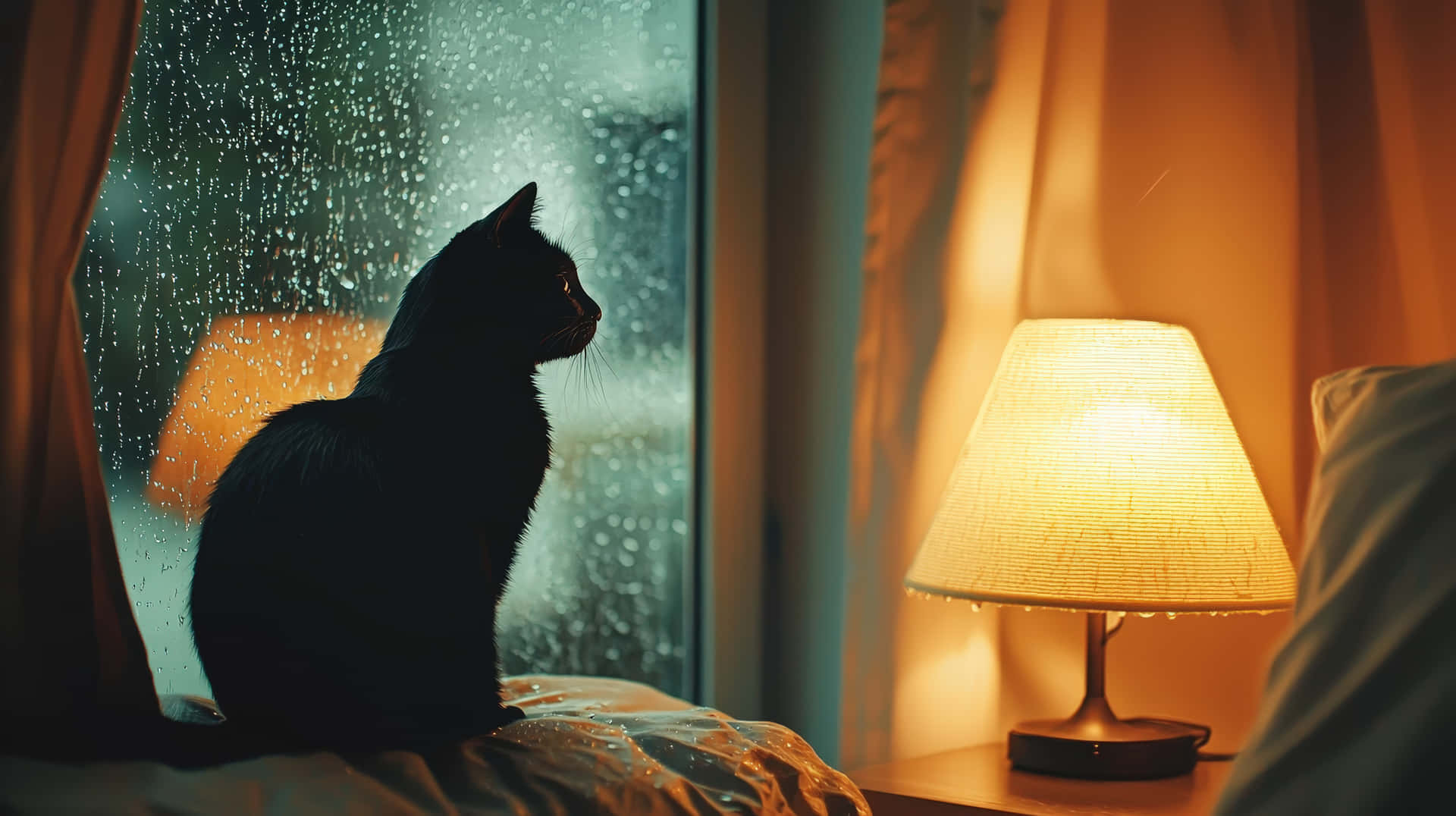 A black cat sits by a window, gazing at raindrops on the glass, illuminated by warm lamp light 壁紙 — 一隻黑貓以剪影姿態坐在床上，凝視著佈滿雨點的窗外，旁邊有一盞溫暖的燈在發光。