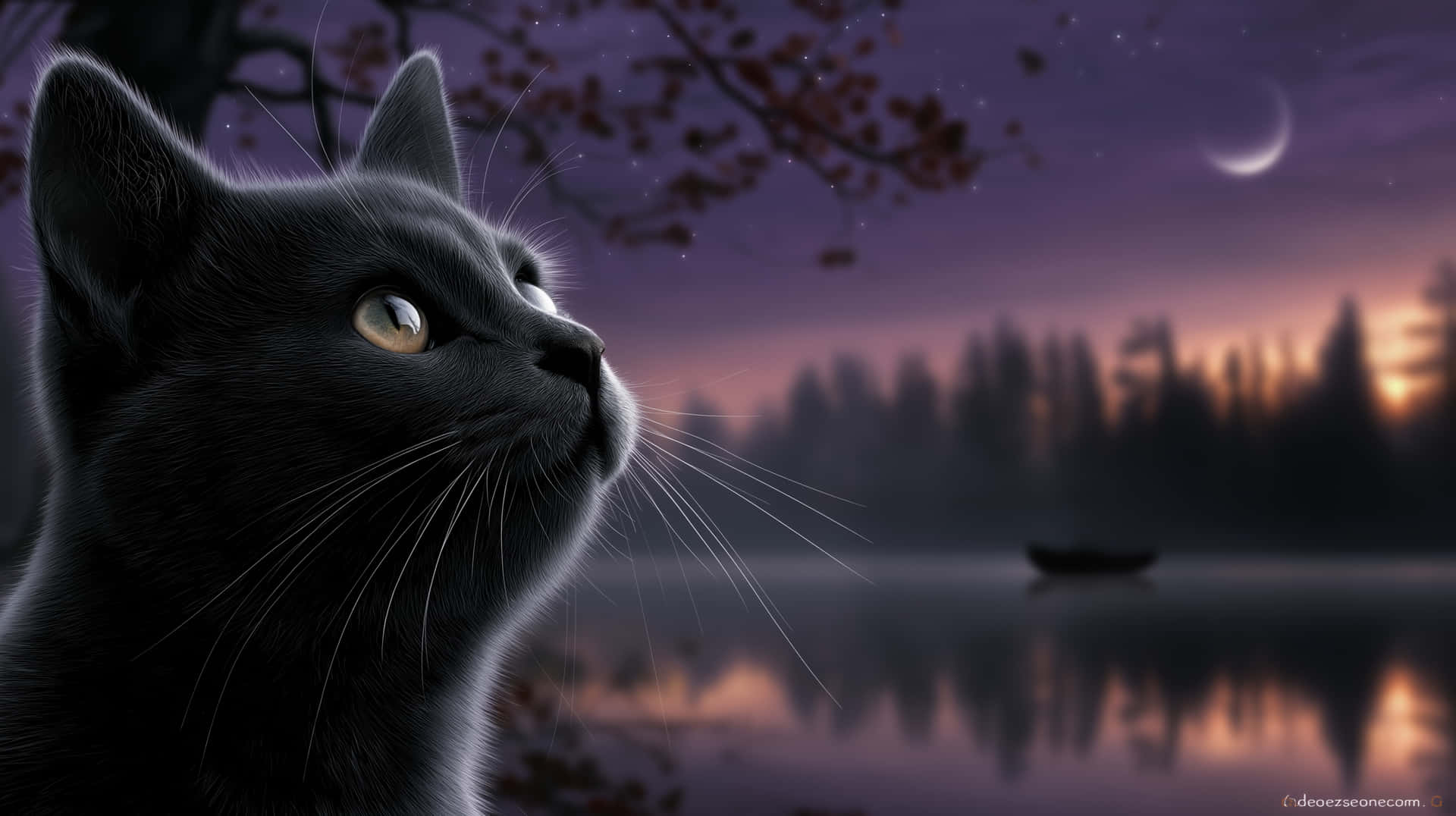 Photorealistic Black Cat Gaze at Moonlit Lake Landscape 壁紙 — 一隻黑貓仰望暮色天空，天空中有新月和星光點點的紫色色調，下方是平靜的湖泊和遠處的小船。
