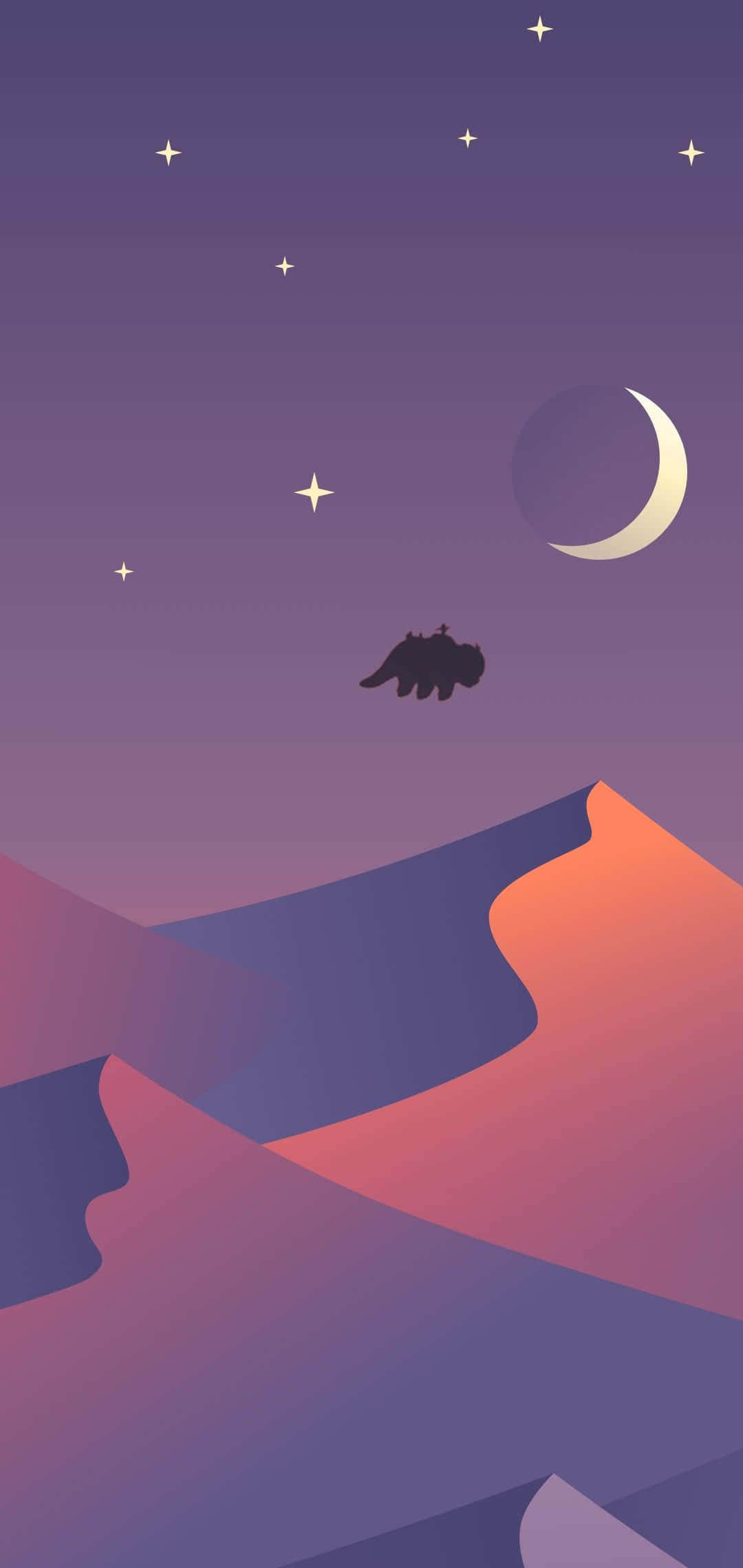 Appa Avatar 桌布 壁紙 — 一隻黑貓剪影在紫色山脈上空翱翔，下方是新月和閃爍的星星。