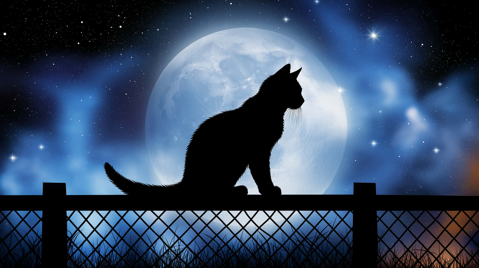 Moonlit Cat Silhouette on a Fence 壁紙 — 一隻黑貓剪影棲息在圍欄上，背景是發光的滿月和星空。