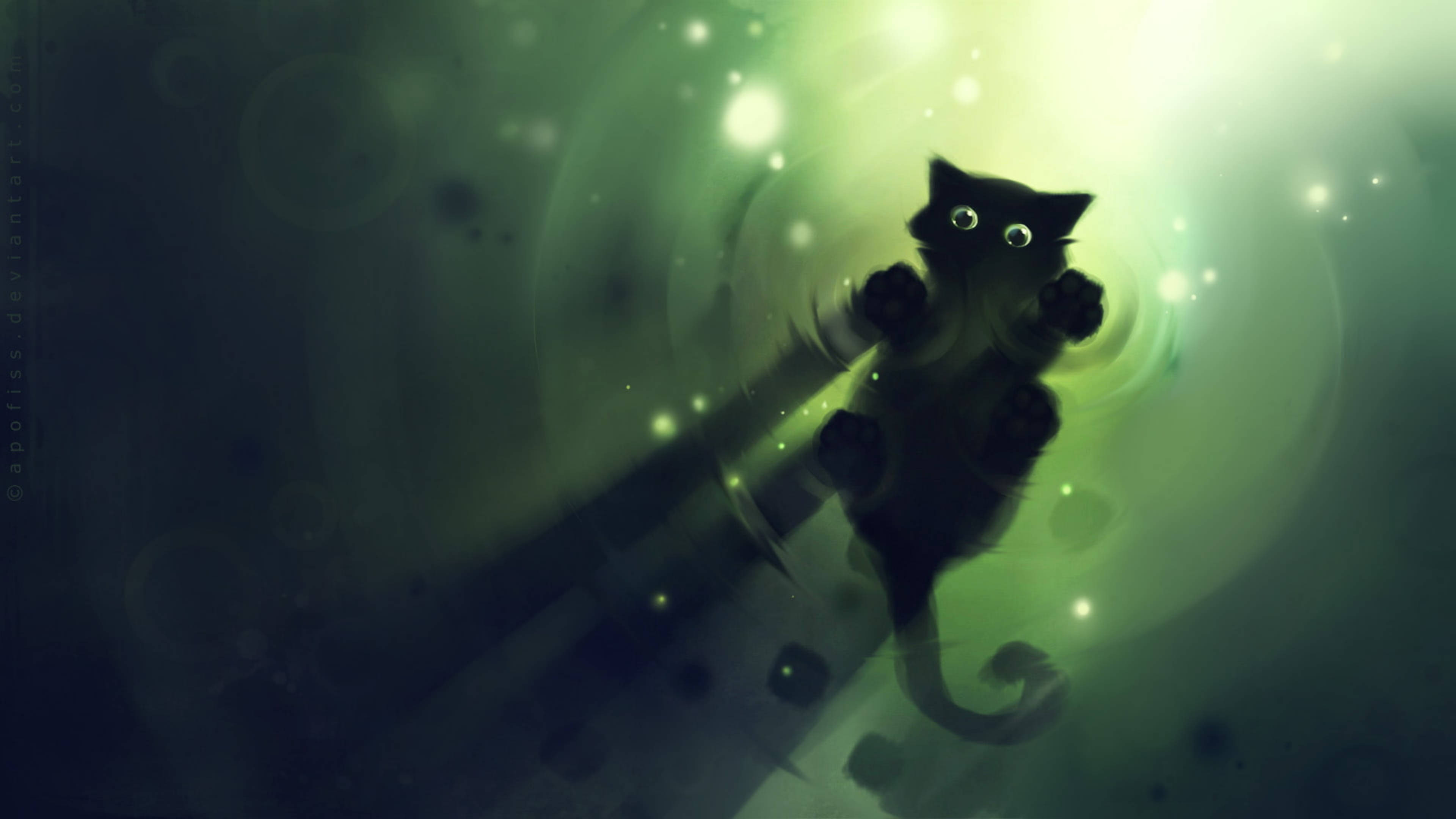 Cute Cat HD 桌布 壁紙 — 一隻黑貓剪影漂浮在發光的綠色隧道中，帶有閃爍的粒子和柔和的散景燈光。