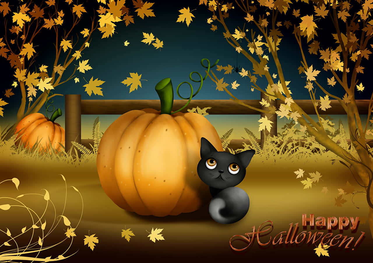 Halloween Cat 桌布 壁紙 — 一隻黑貓在一個大橙色南瓜旁邊窺視，背景是深藍色的暮色天空，金色樹葉飄落。