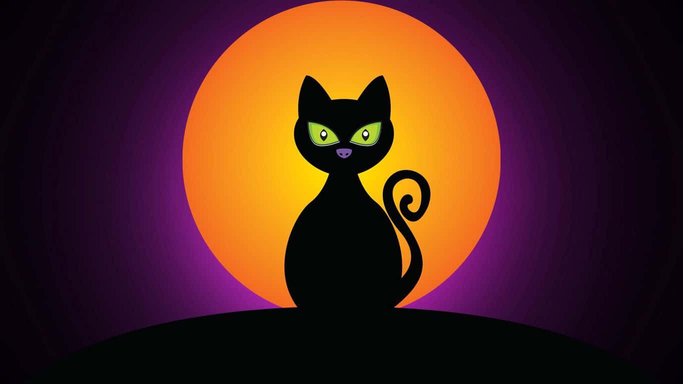 Halloween Cat 桌布 壁紙 — 一隻黑貓在紫色夜空襯托下，以一輪橙色大月亮為背景，呈現出閃爍綠色眼睛的剪影。