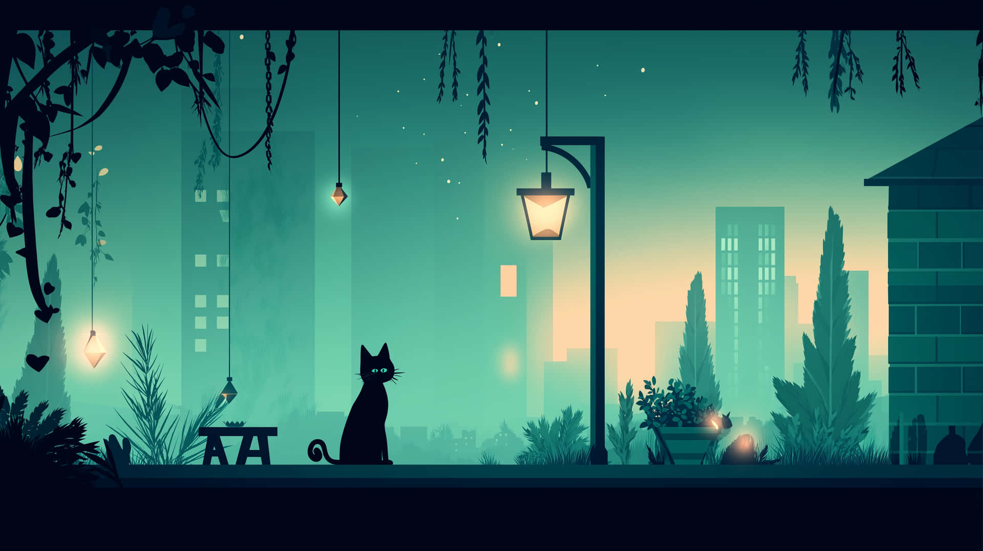 Stylized cityscape at night with cat silhouette and streetlights 壁紙 — 一隻黑貓在黃昏時分坐在屋頂上，在發光的掛燈和街燈下，以青綠色的城市天際線為背景，呈現剪影。