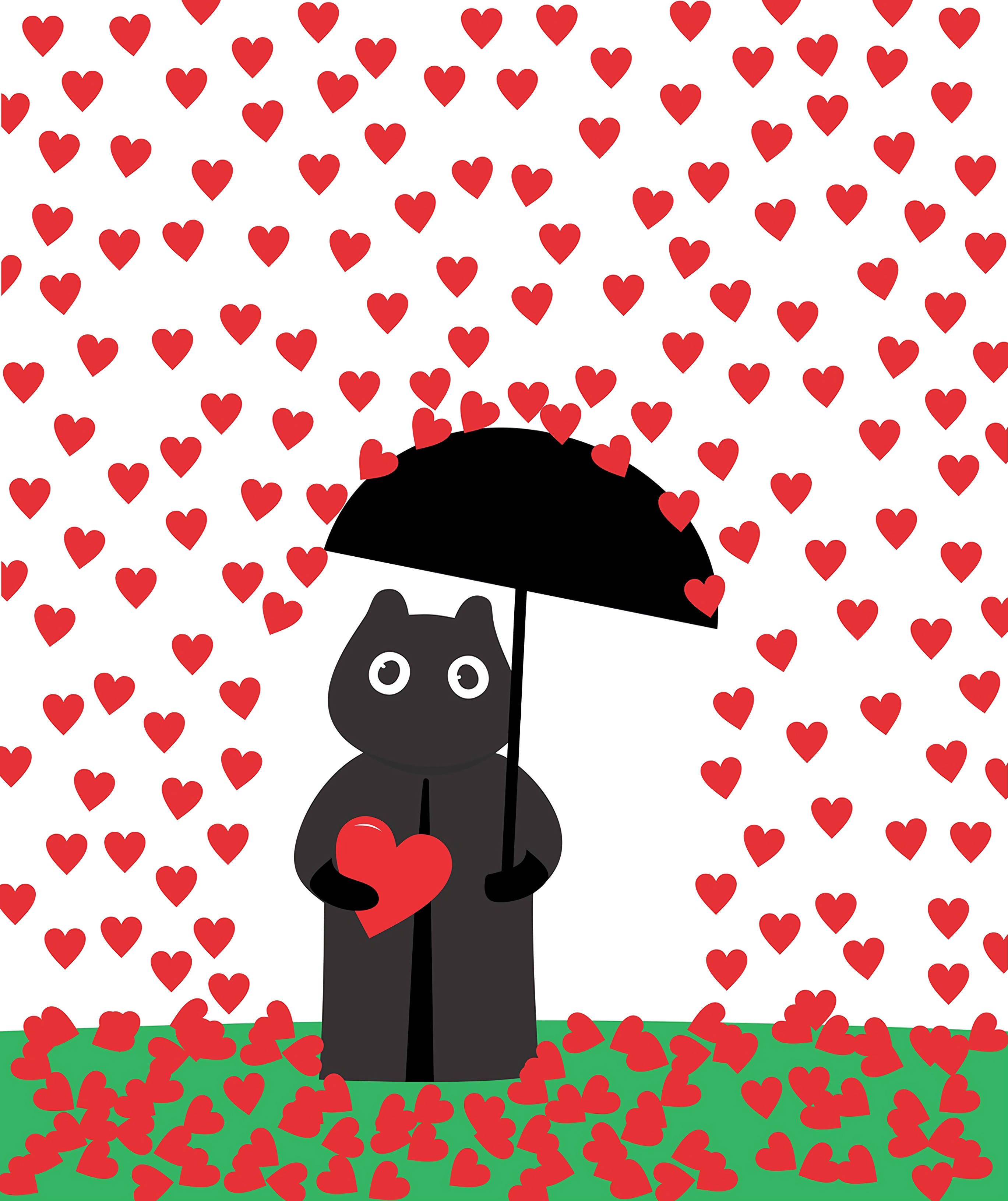 下雨 桌布 壁紙 — 一隻黑貓在黑色雨傘下拿著一個紅色愛心，紅色愛心如雨般落在綠色地面上。