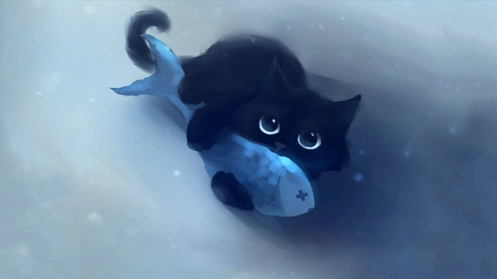 Cute Kawaii Cat 桌布 壁紙 — 一隻黑貓帶著藍色魚尾在柔和的藍色薄霧中游泳，周圍有漂浮的粒子。
