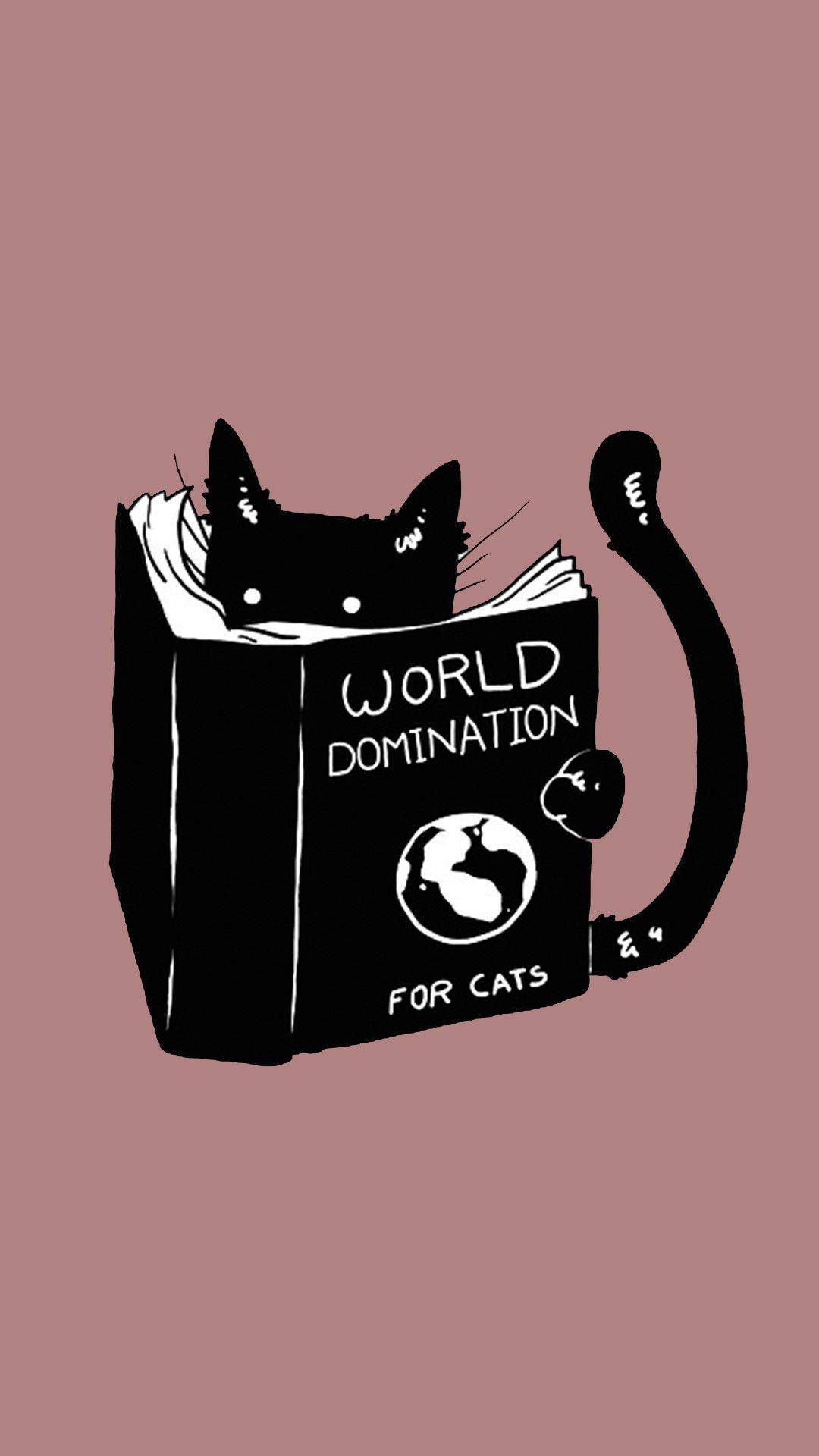 可愛貓咪動圖 桌布 壁紙 — 一隻黑貓從一本名為《World Domination for Cats》的書中探出頭來，背景是柔和的淡紫色。