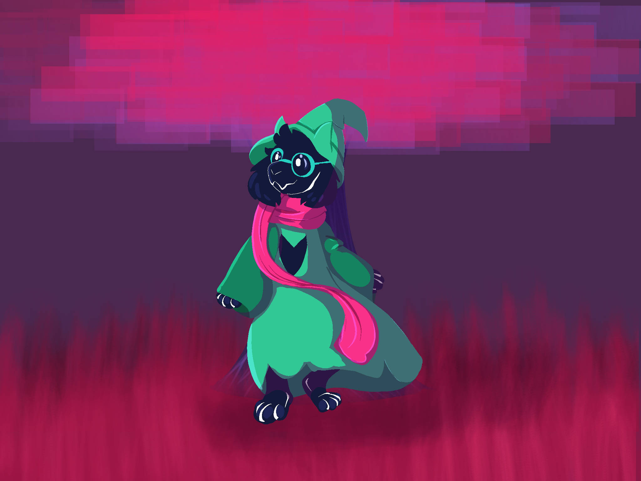 Ralsei 桌布 壁紙 — 一隻黑貓戴著綠色巫師帽和外套，圍著粉紅色圍巾，站在洋紅色草地上，天空是粉紅色的故障效果。