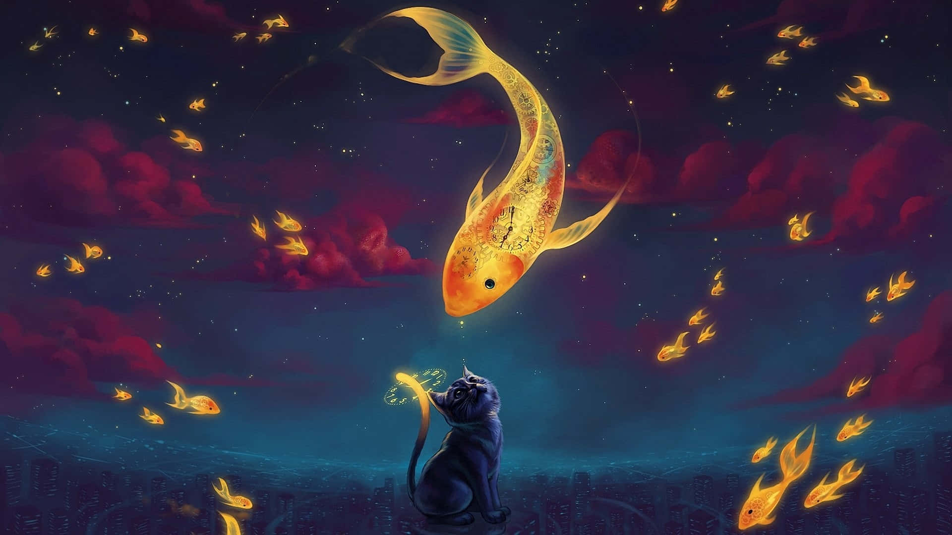 Cartoon Space 桌布 壁紙 — 一隻黑貓抬頭凝視著一條發光的金色錦鯉，在佈滿小魚的星空暮色中游動。