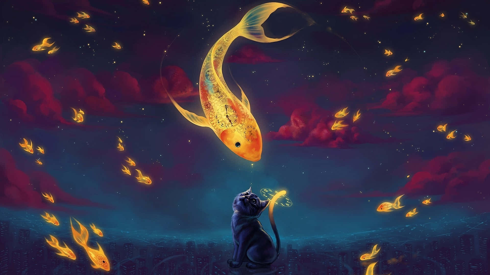 Goldfish 桌布 壁紙 — 一隻黑貓抬頭望著一條發光的金色錦鯉在佈滿較小火魚的星空暮色中游動。