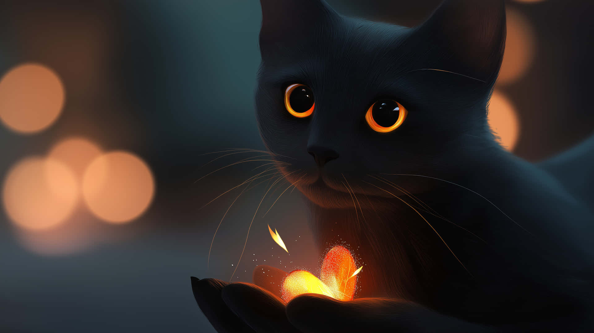 Gentle Feline with Luminous Butterfly-Like Sparkles in Hands 壁紙 — 一隻黑貓擁有發光的橙色眼睛，在散景背景中，用爪子輕輕抱著一個溫暖發光的球體。