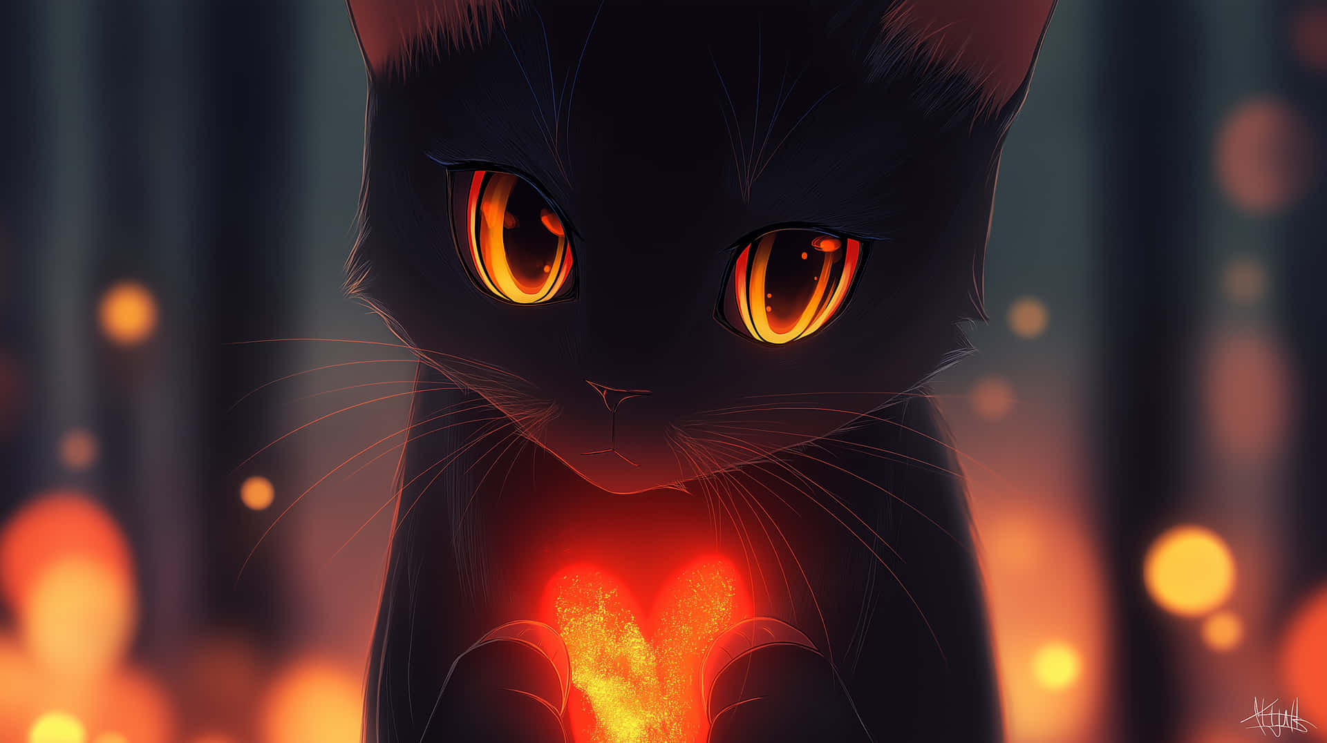 Close-up of Feline Cherishing a Glowing Fiery Heart Object 壁紙 — 一隻黑貓擁有發光的橙色眼睛，在溫暖的散景背景中，用爪子捧著一顆閃耀的心形火焰。