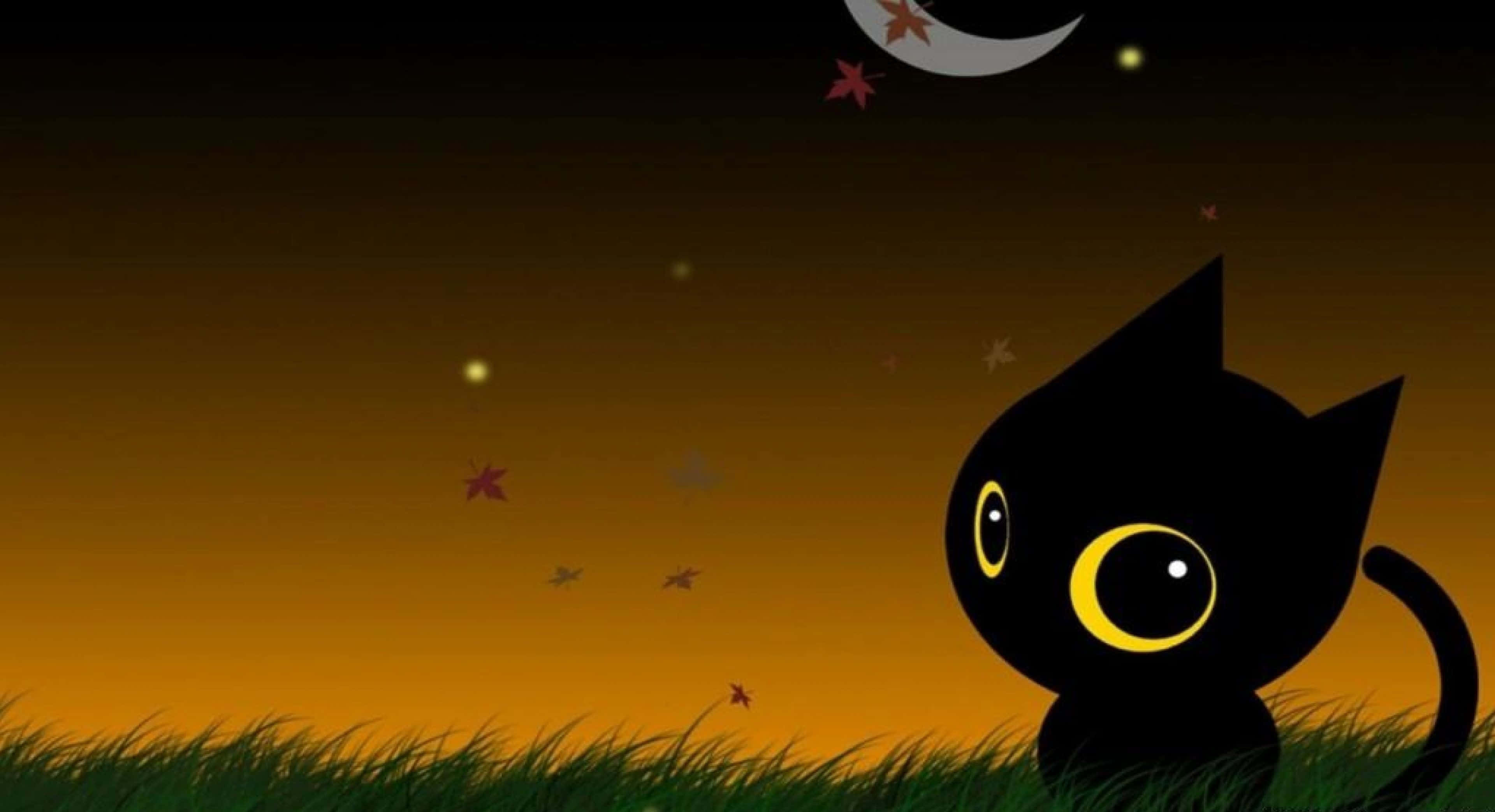 夜空 桌布 壁紙 — 一隻黑貓有著發光的黃眼睛，坐在草地上，背景是新月和飄落的楓葉，時值黃昏。