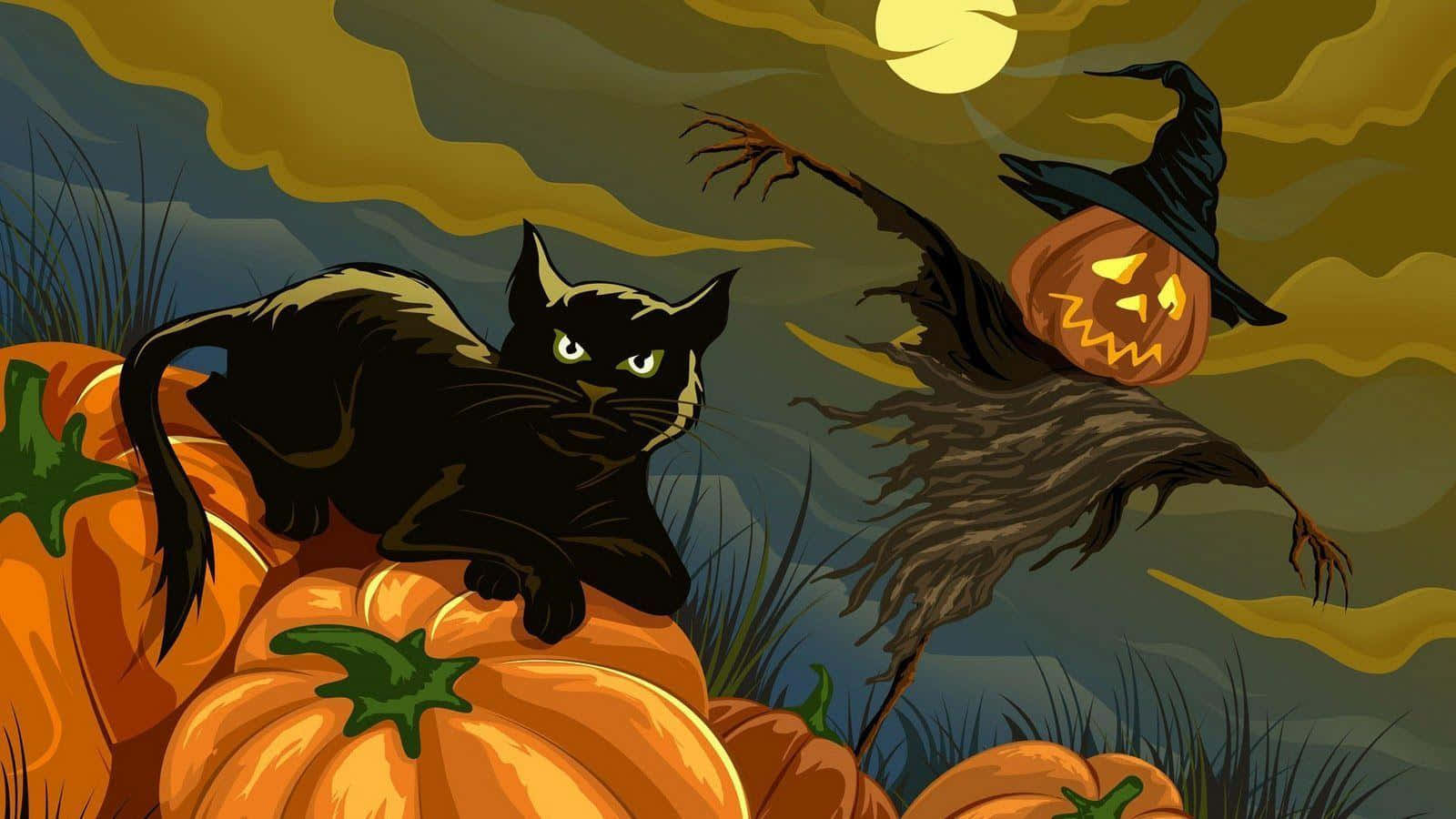 Black Cat Halloween 桌布 壁紙 — 一隻黑貓棲息在南瓜上，而一個傑克南瓜燈女巫在發光的月亮下飛行，構成一個詭異的萬聖節夜晚場景。