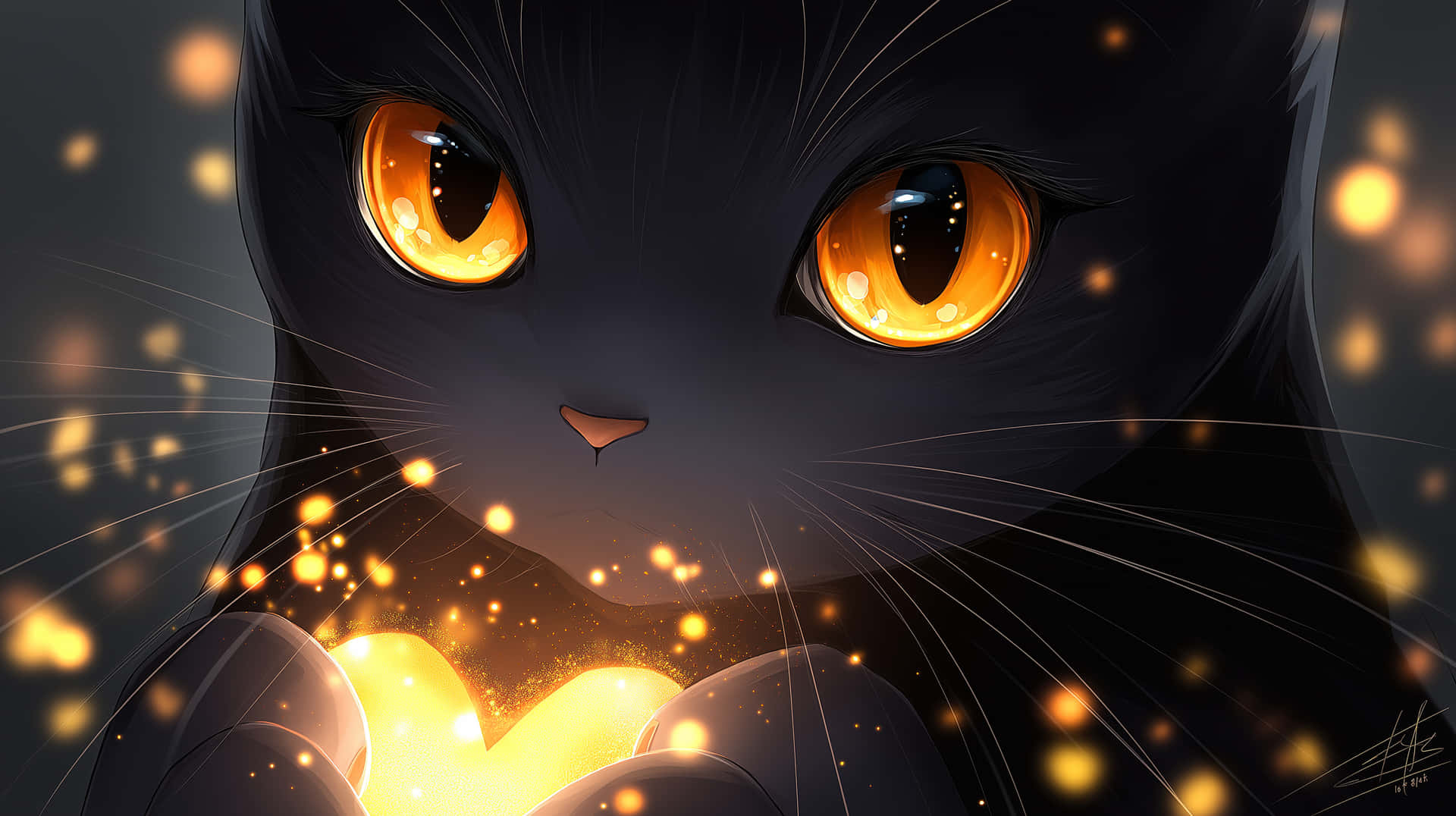 Feline Gaze at Radiant Sparkles Emanating from Cherished Object 壁紙 — 一隻黑貓的特寫，擁有發光的琥珀色眼睛，抱著一個閃耀的金色心臟，周圍環繞著漂浮的火花。