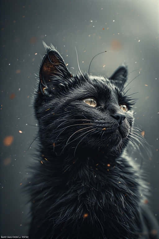 Photorealistic Ebony Cat Cinematic Digital Art 壁紙 — 一隻黑貓的特寫，金色眼睛向上凝視，在深灰色背景上漂浮的橙色火花之中。