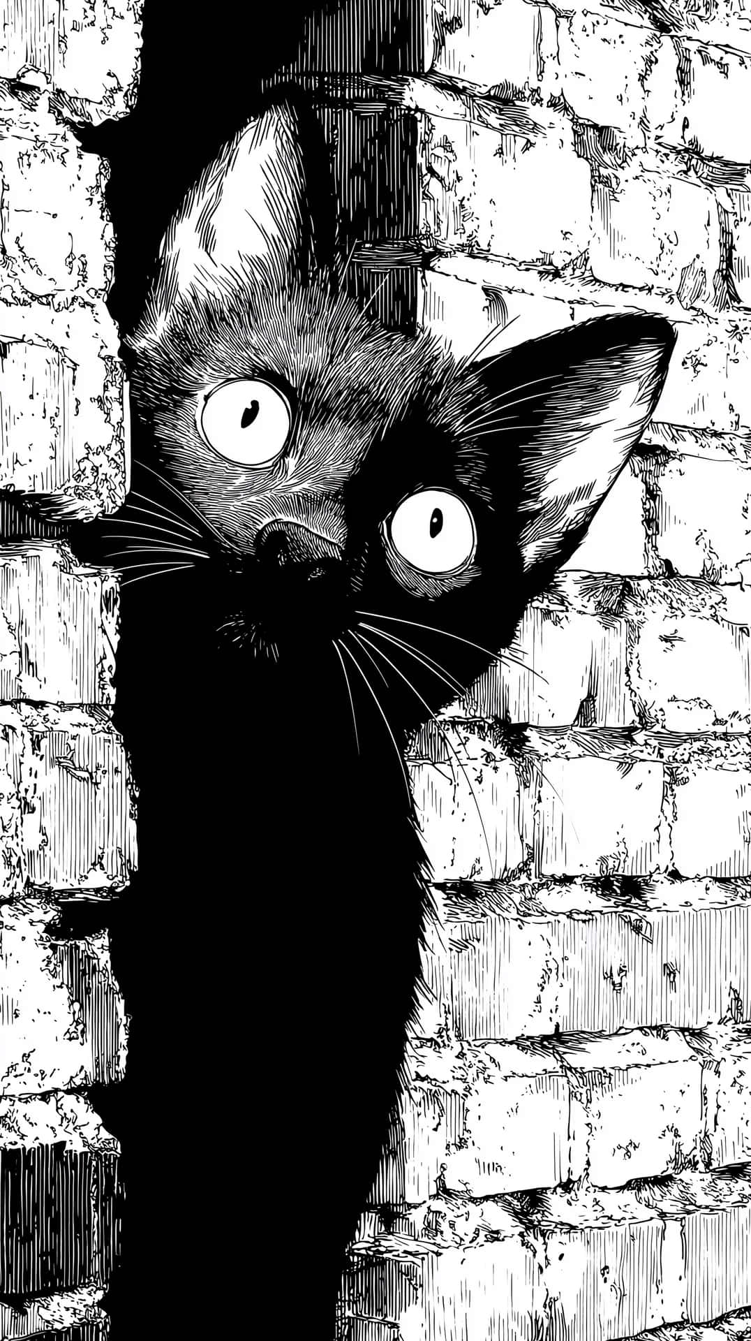 Piercing Gaze: Black Cat Peeking from the Shadows 壁紙 — 一隻黑貓睜大眼睛，好奇地透過紋理磚牆的狹窄縫隙窺視，呈現鮮明的黑白插圖。