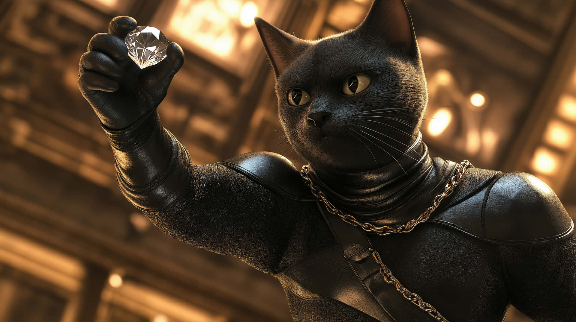 Stealthy cat in black suit holding a glistening diamond 壁紙 — 一隻黑貓穿著時尚的黑色西裝，在溫暖燈光下的華麗室內高舉一顆閃閃發光的鑽石。