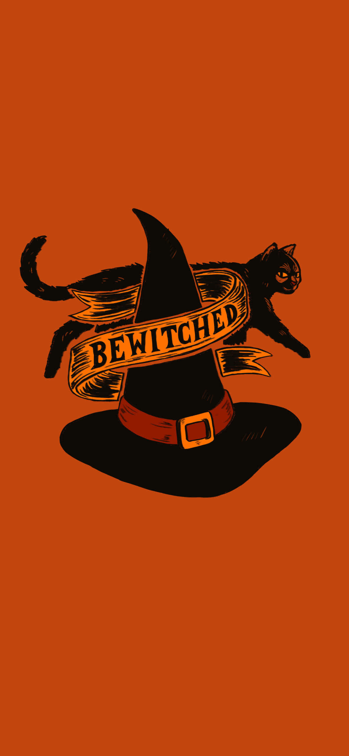 萬聖節動圖 桌布 壁紙 — 一隻黑貓跳上女巫帽，帽上有一條寫著 bewitched 的橫幅，背景為純橙色。