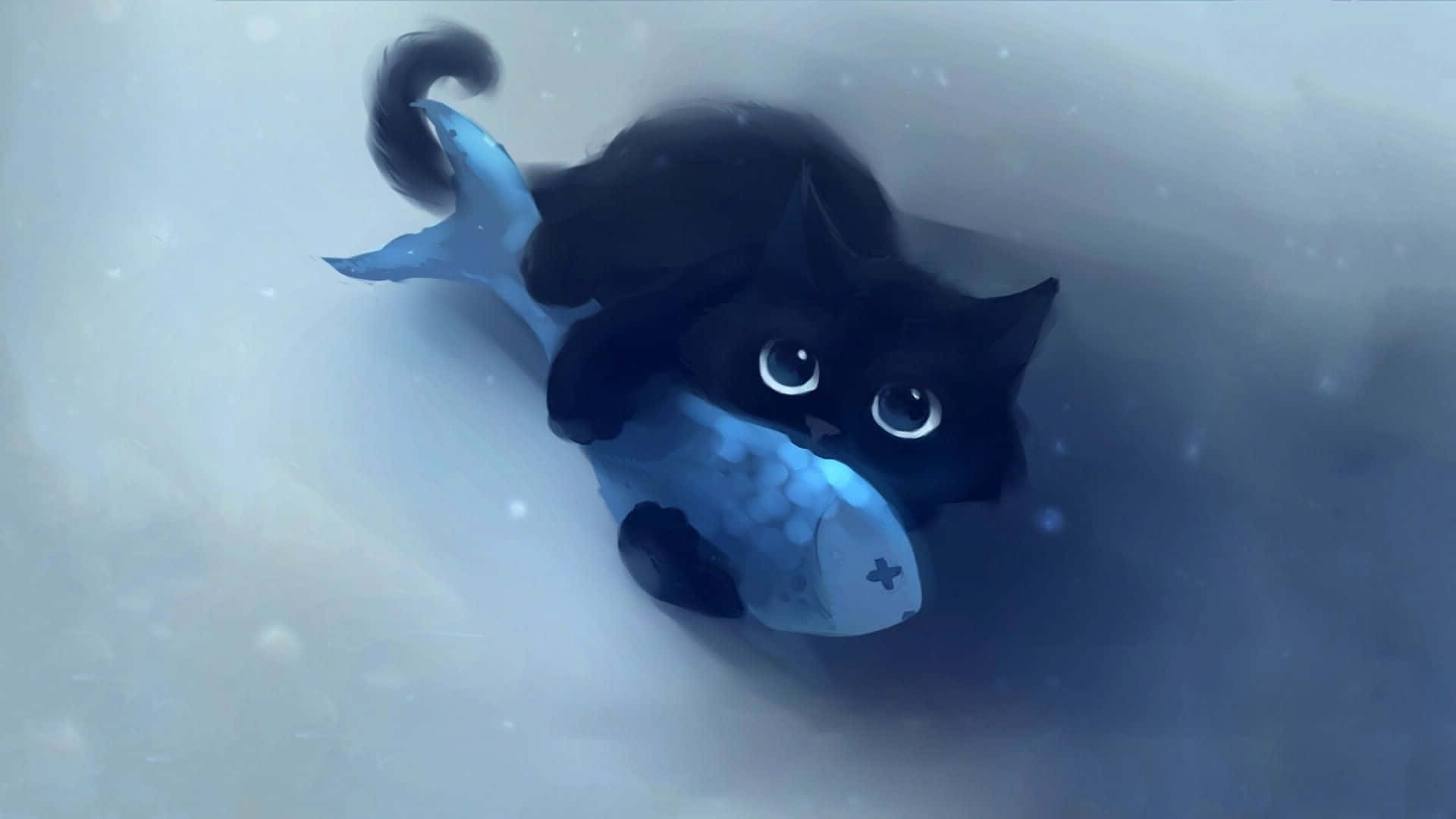 卡通貓咪動圖 桌布 壁紙 — 一隻黑貓長著藍色魚尾，在雪地水底場景中游動，眼睛發光。