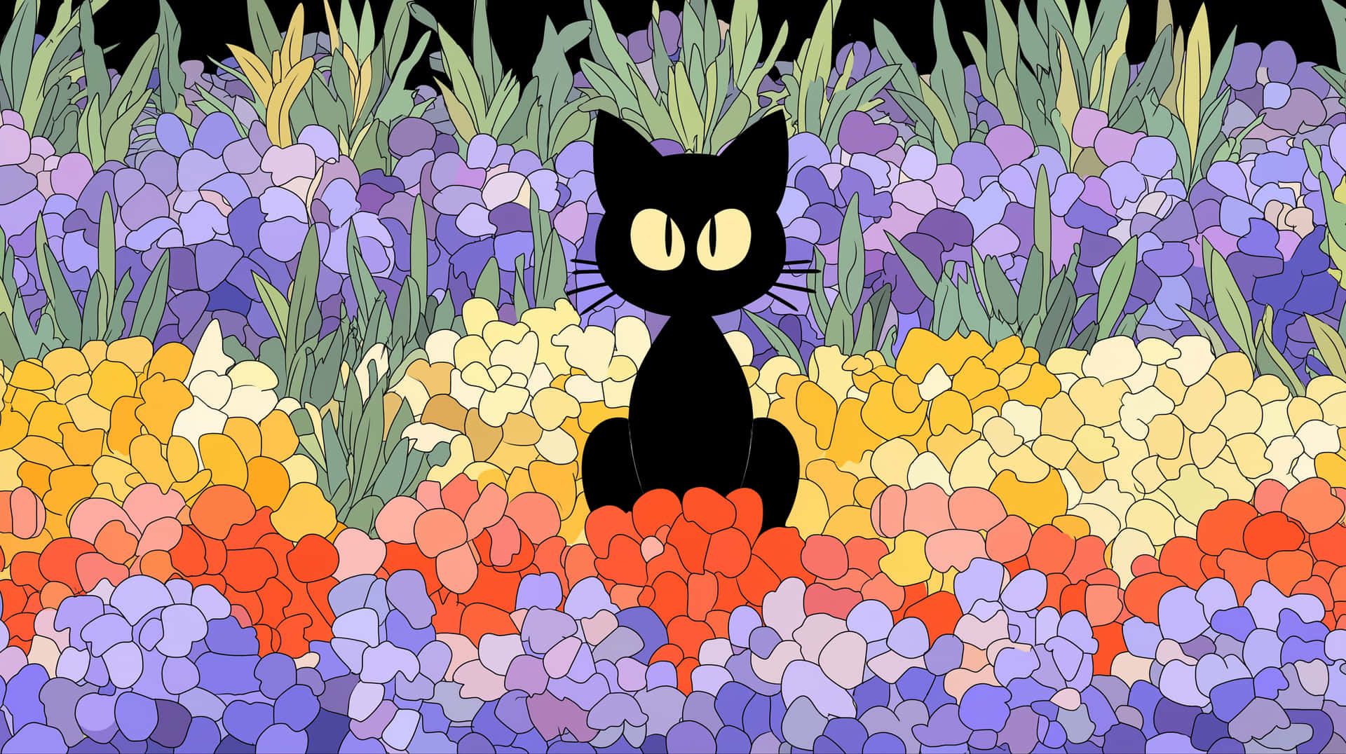 Whimsical Cat Garden 壁紙 — 一隻黑貓閃爍著發光的眼睛，坐在深色天空下充滿活力的紫色、黃色和橙色風格化花朵行列中央。