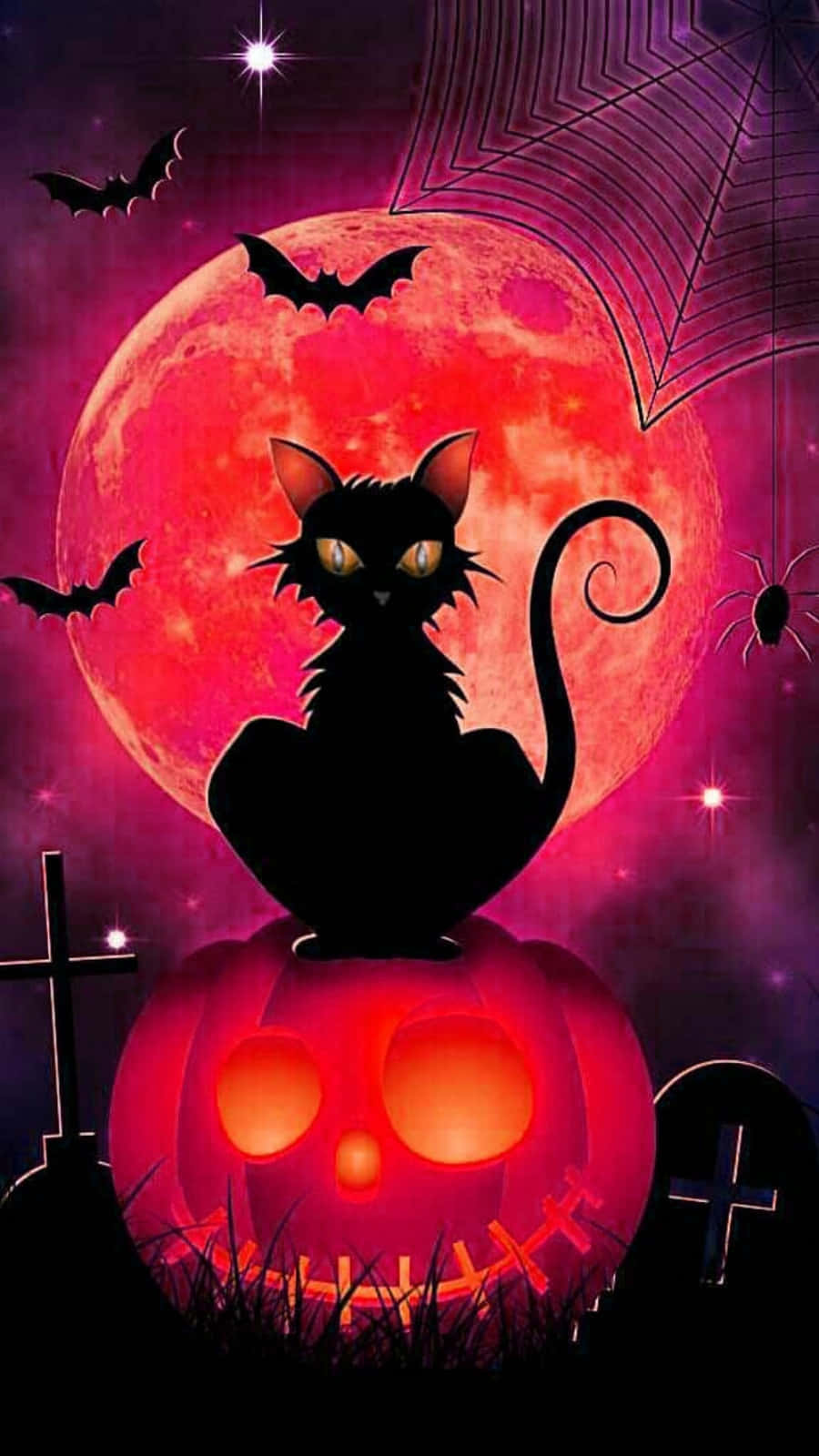 Halloween Cat 桌布 壁紙 — 一隻黑貓閃爍著發光的眼睛，棲息在一個雕刻的南瓜燈上，背景是血紅色的月亮、蝙蝠和蜘蛛網。