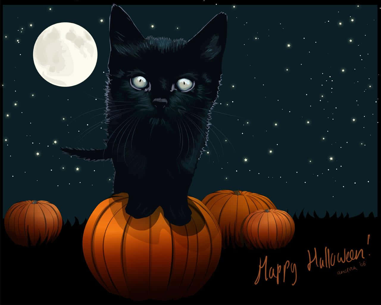 Pumpkin 桌布 壁紙 — 一隻黑貓閃爍著發光的眼睛，棲息在橙色南瓜上，背景是滿月和星空。