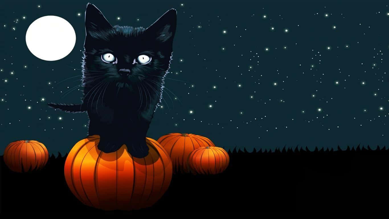 Black Cat Halloween 桌布 壁紙 — 一隻黑貓閃爍著發光的眼睛，棲息在一個橙色南瓜上，背景是滿月和星空。