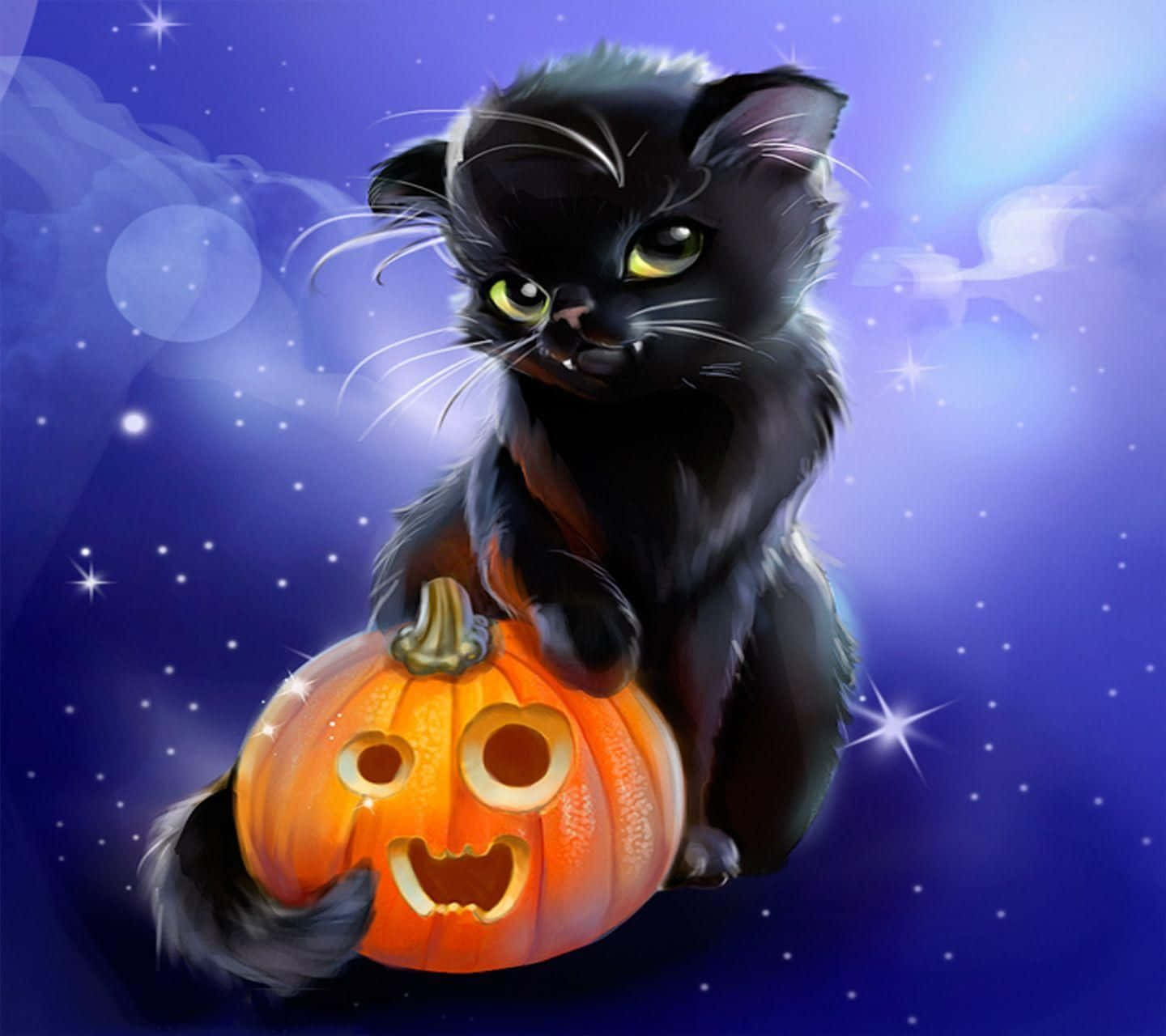 Halloween Cat 桌布 壁紙 — 一隻黑貓閃爍著發光的眼睛，棲息在一個雕刻的南瓜燈上，背景是星光燦爛的紫色夜空。
