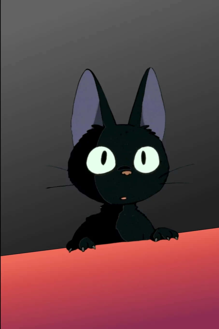 Jiji Cat 桌布 壁紙 — 一隻黑貓閃爍著白色發光的眼睛，在深灰色背景上從粉紅色漸變表面探出頭來。